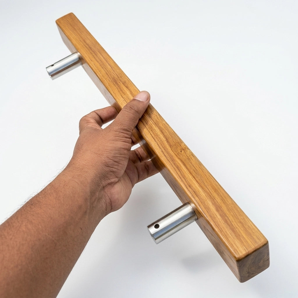 Minimalist Teak Wood Door Pull Handle with Stainless Steel Accents