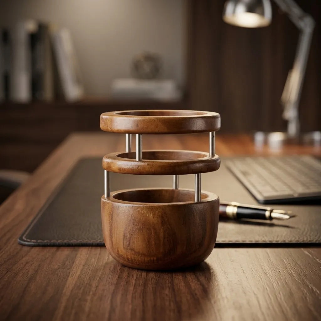 Teak wood pen holder with three-tier design for elegant desk organization