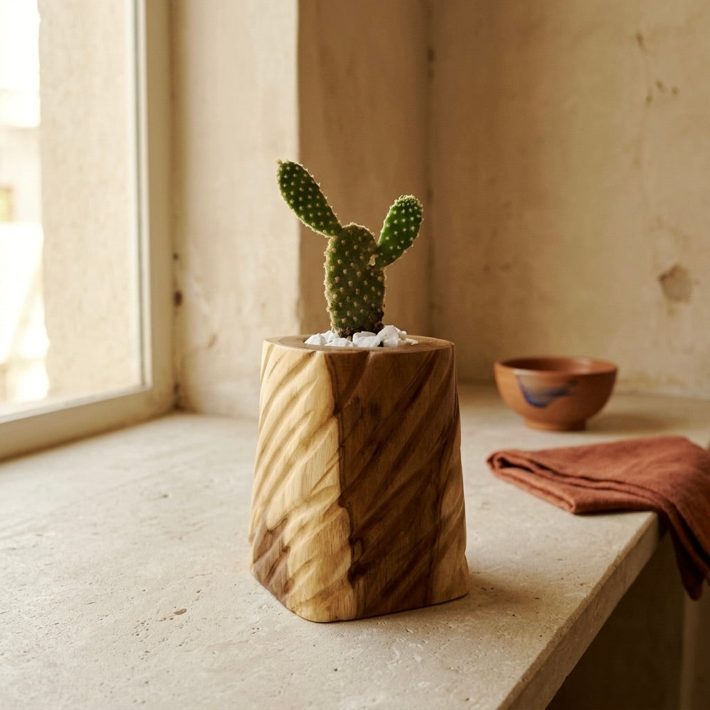 Teak succulent planter with cactus, natural wood finish, ideal for home decor