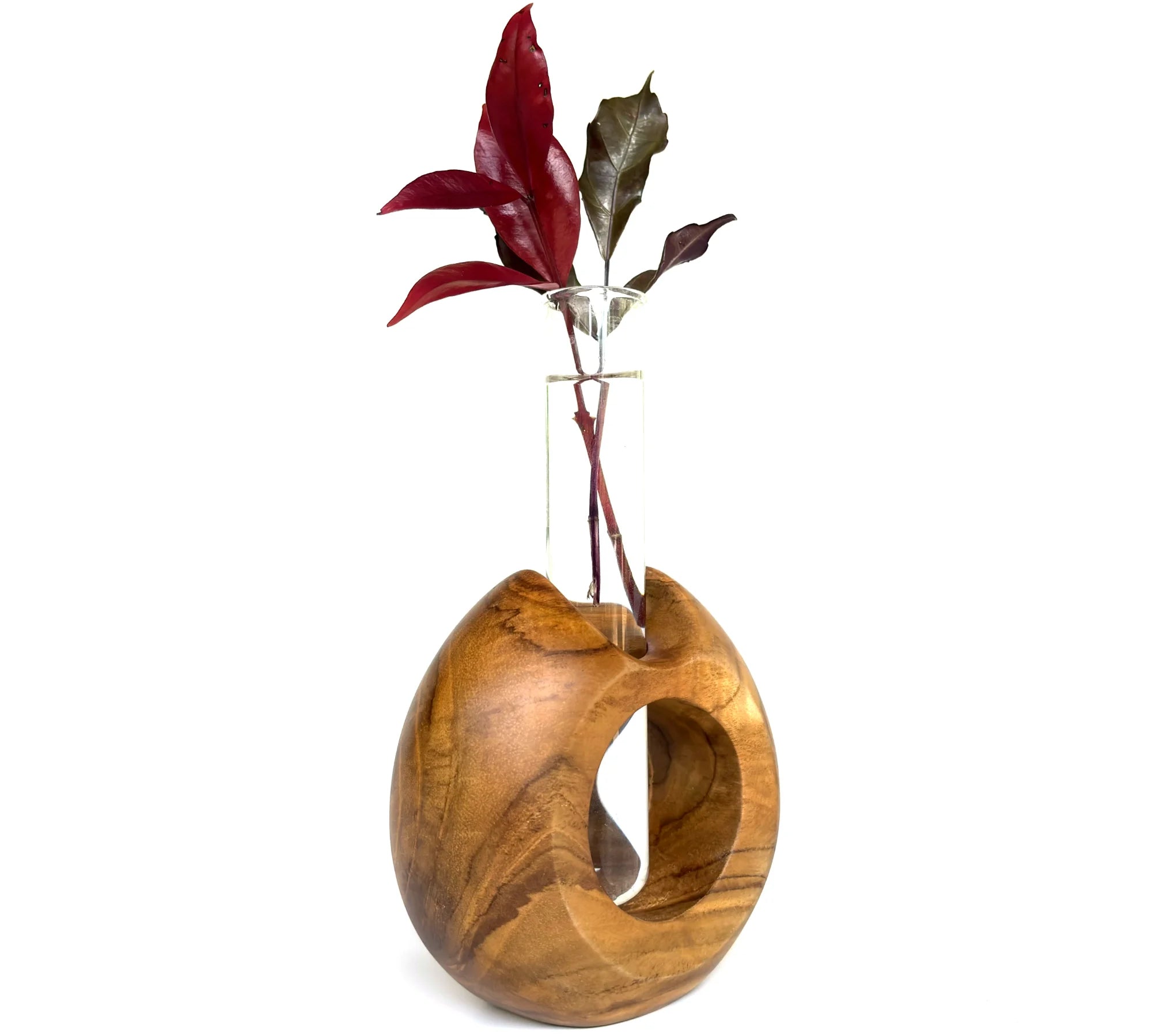 Modern teak flower holder with a glass tube for displaying decorative flowers and plants