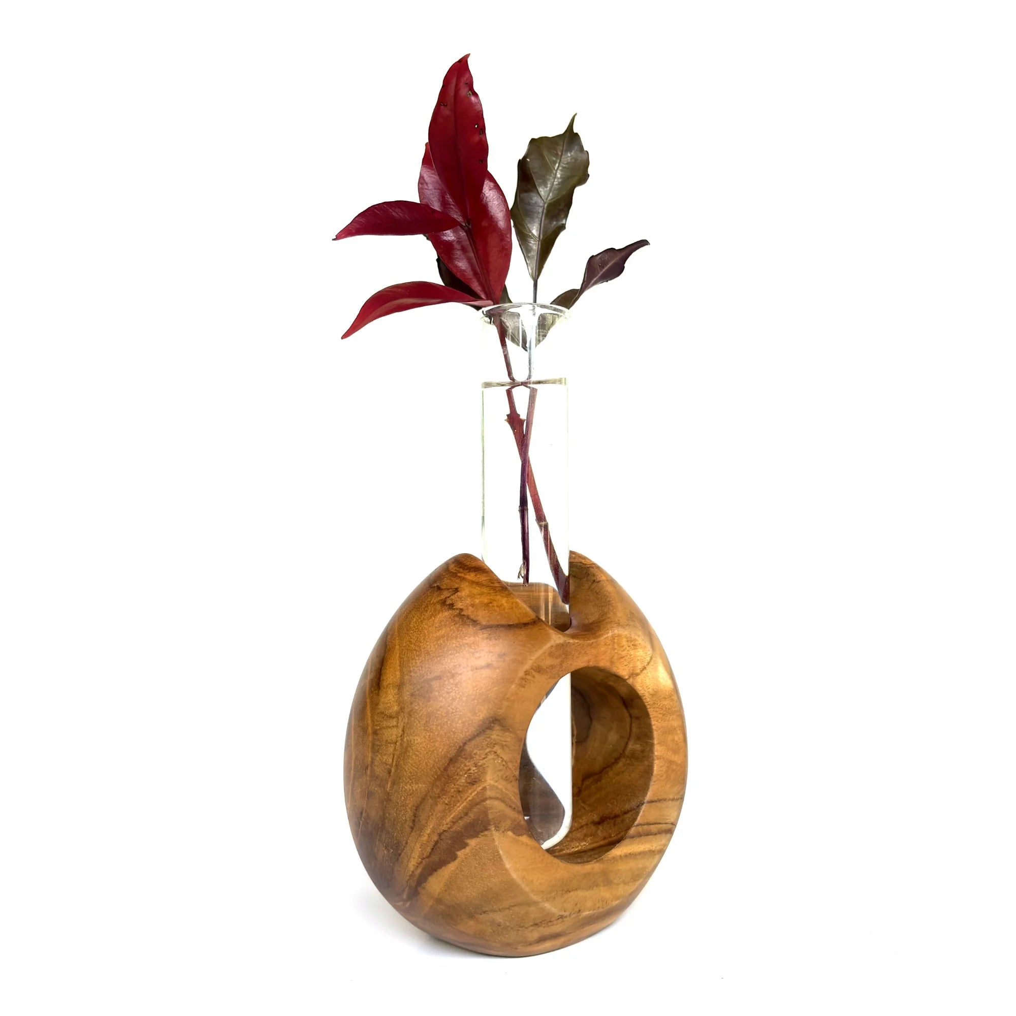 Modern teak flower holder with a glass tube for displaying decorative flowers and plants