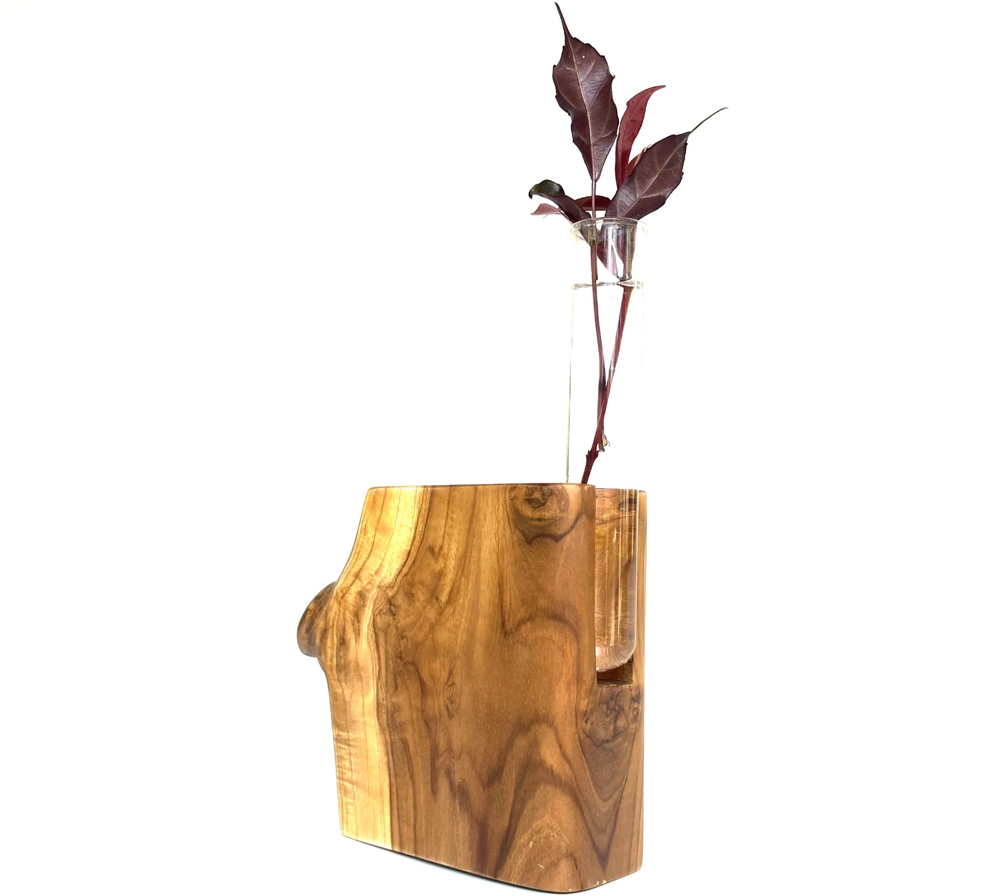 Unique Wood Ceylon natural shape test tube vase in rich wood grain, elegantly holding a single stem
