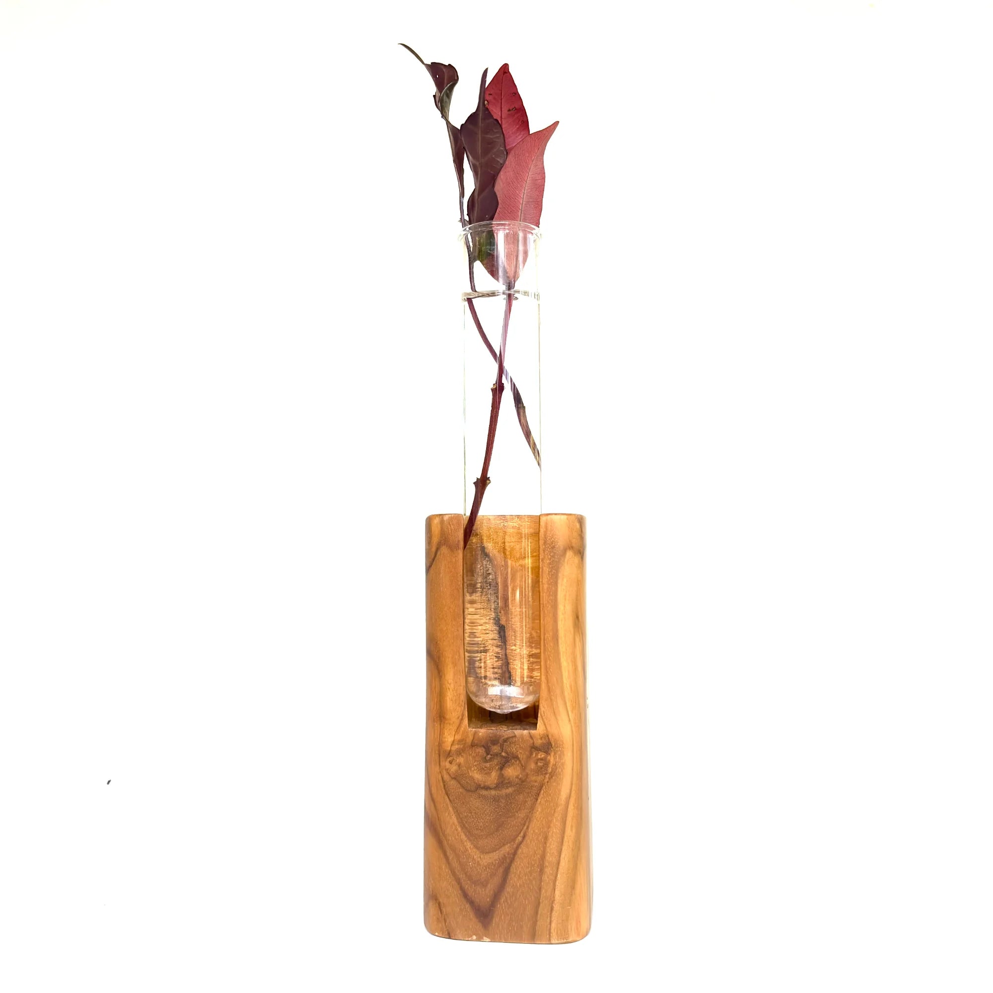 Wood Ceylon natural shape test tube vase with wooden base and decorative flowers