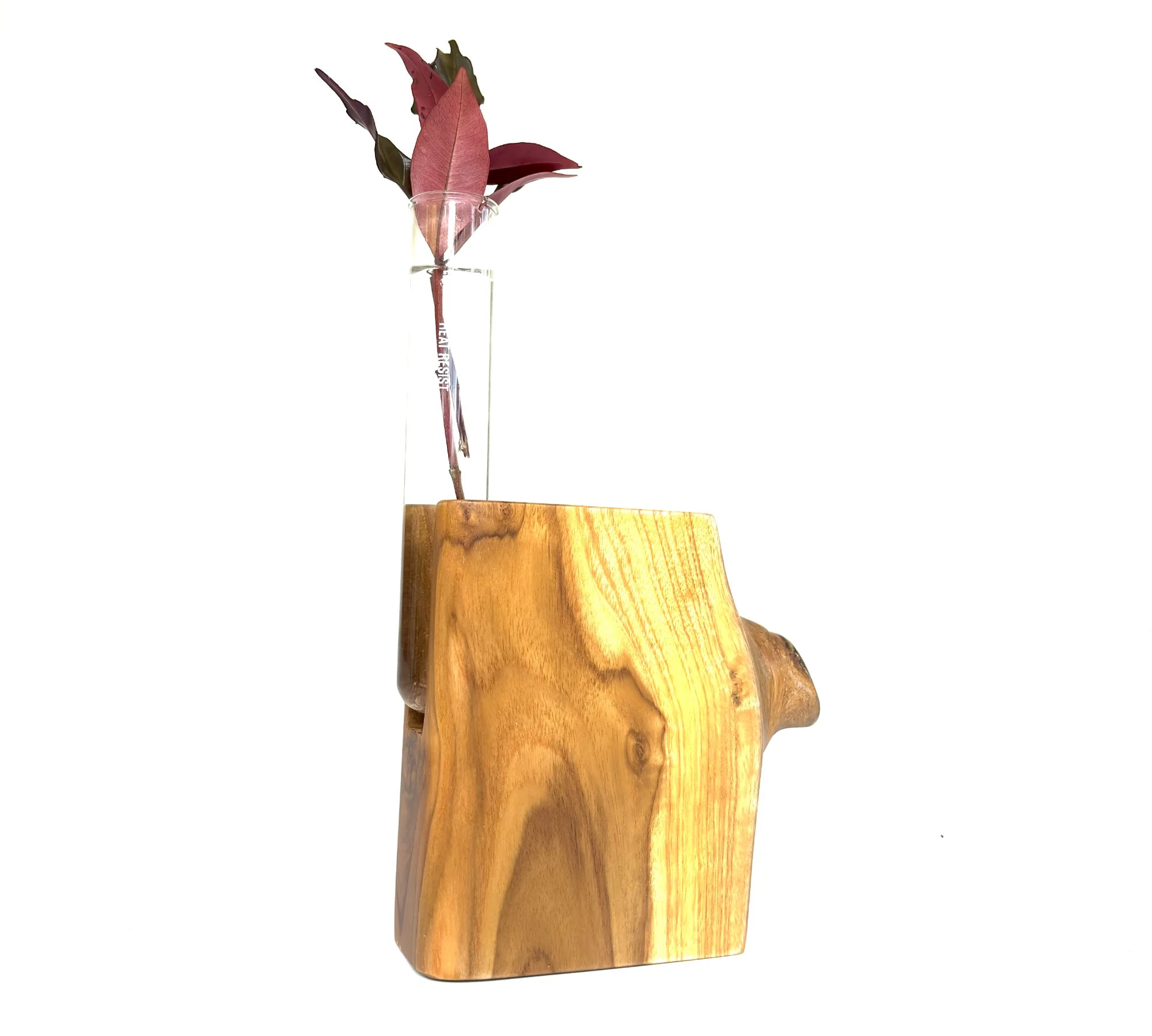 Wood Ceylon natural shape test tube vase with wooden base and glass tube for displaying flowers