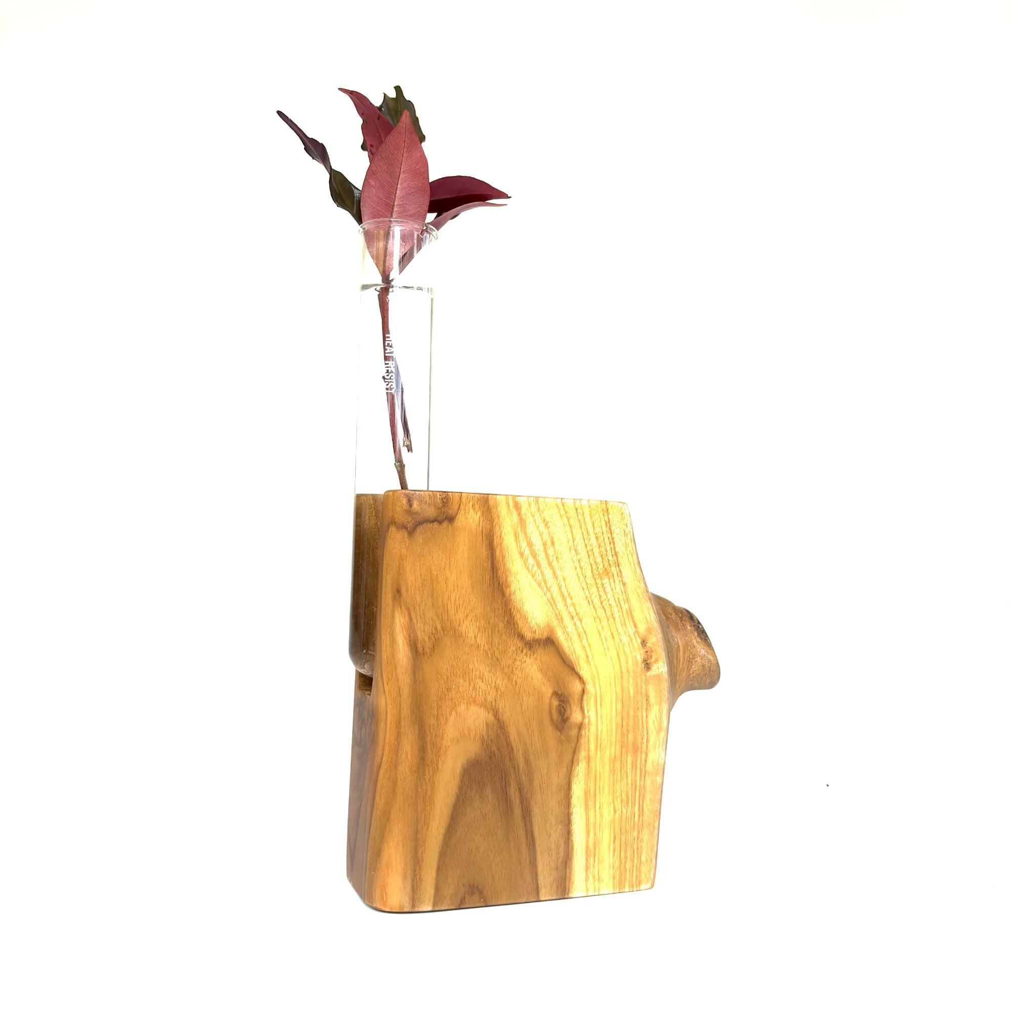 Wood Ceylon natural shape test tube vase with wooden base and glass tube for displaying flowers