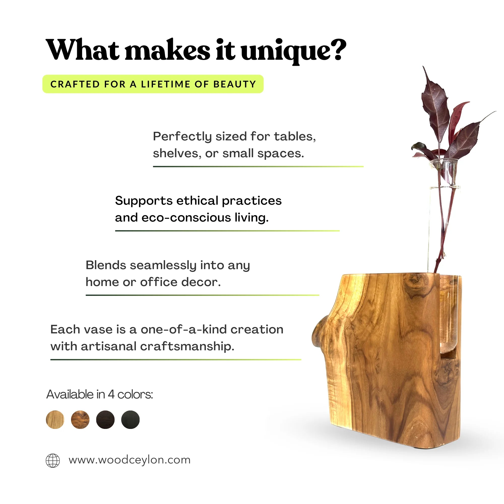 Wood Ceylon natural shape test tube vase made from ethical materials for home décor and small spaces