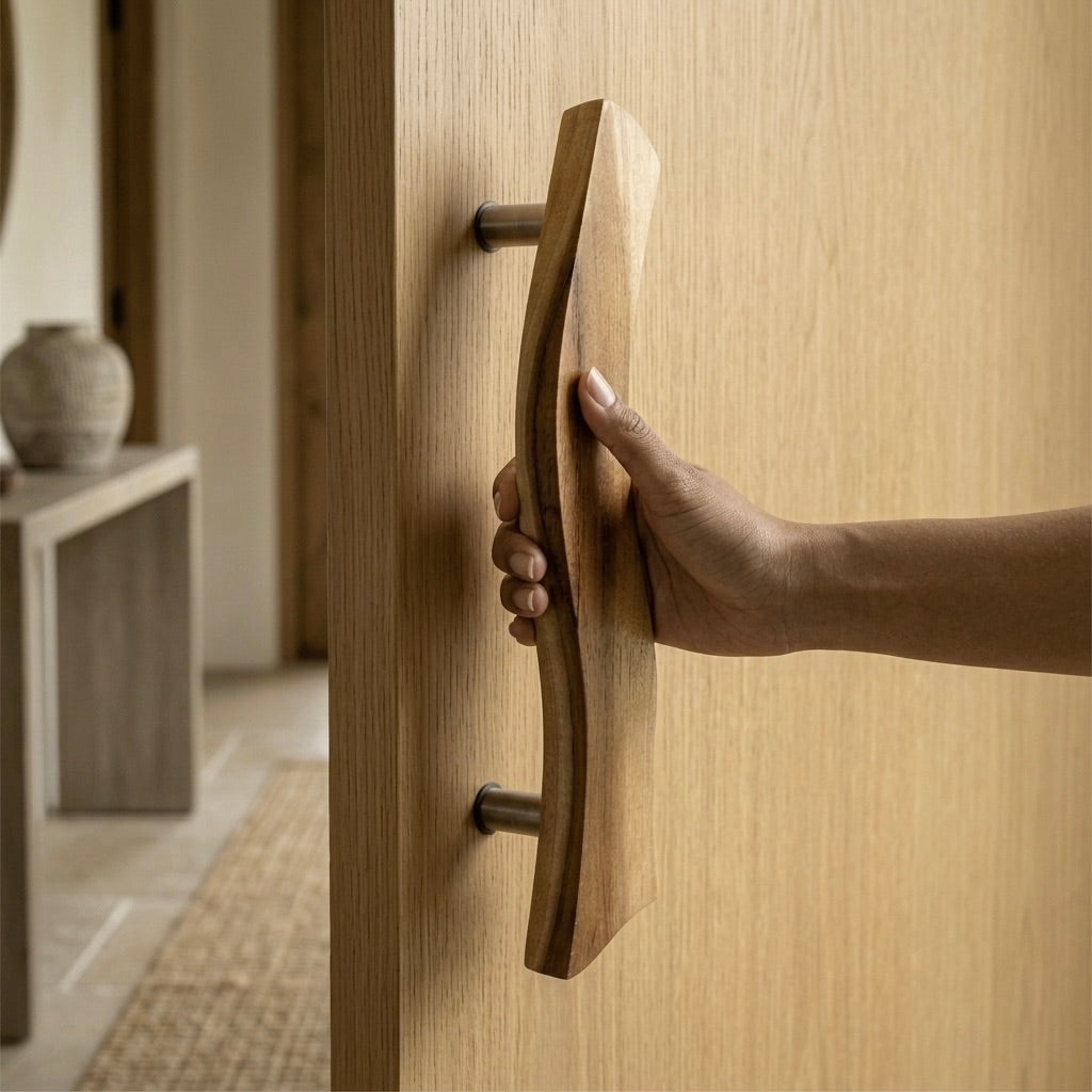 Teak pantry door pull handle in natural finish for easy access