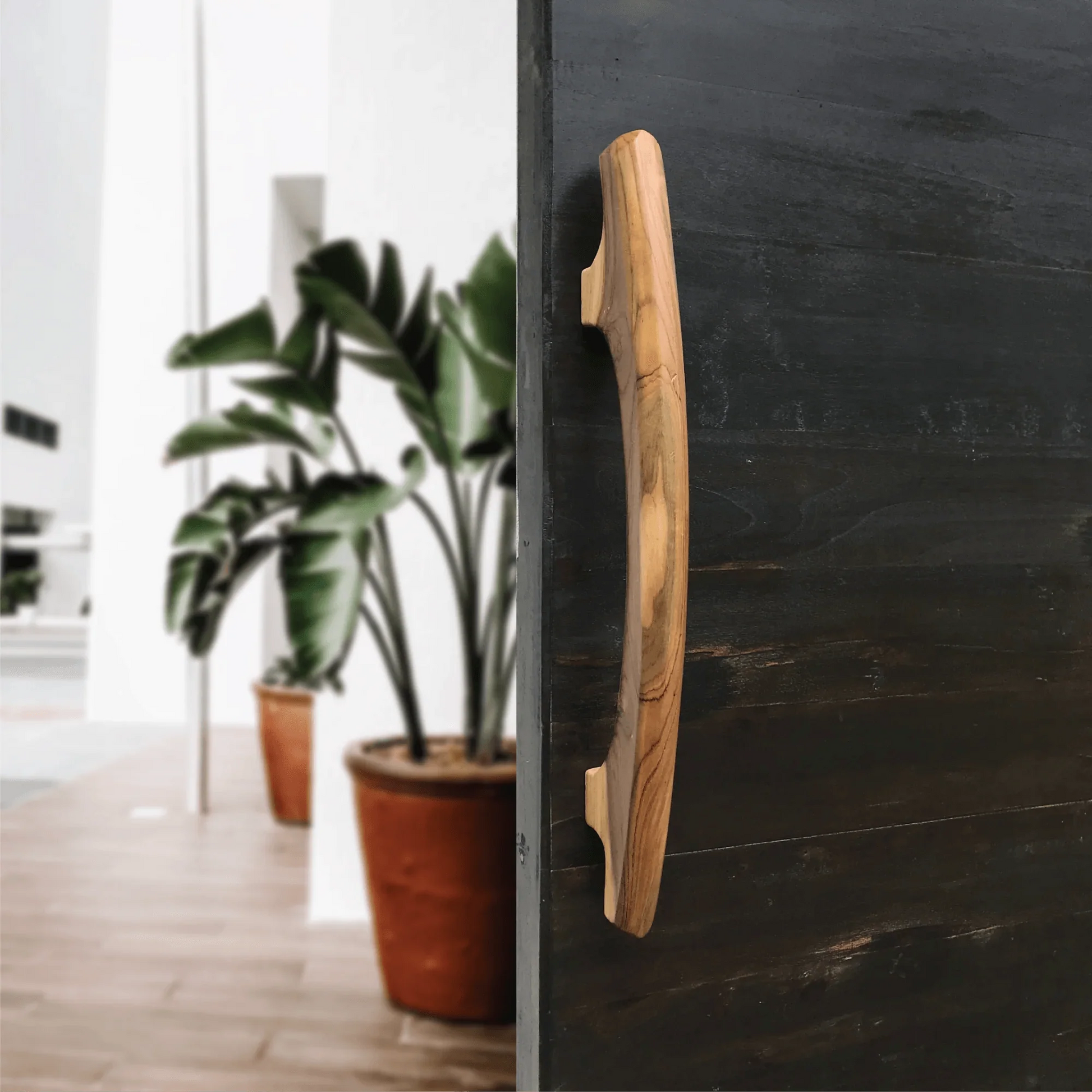 Teak Patio Door Pull Handle on a stylish dark door