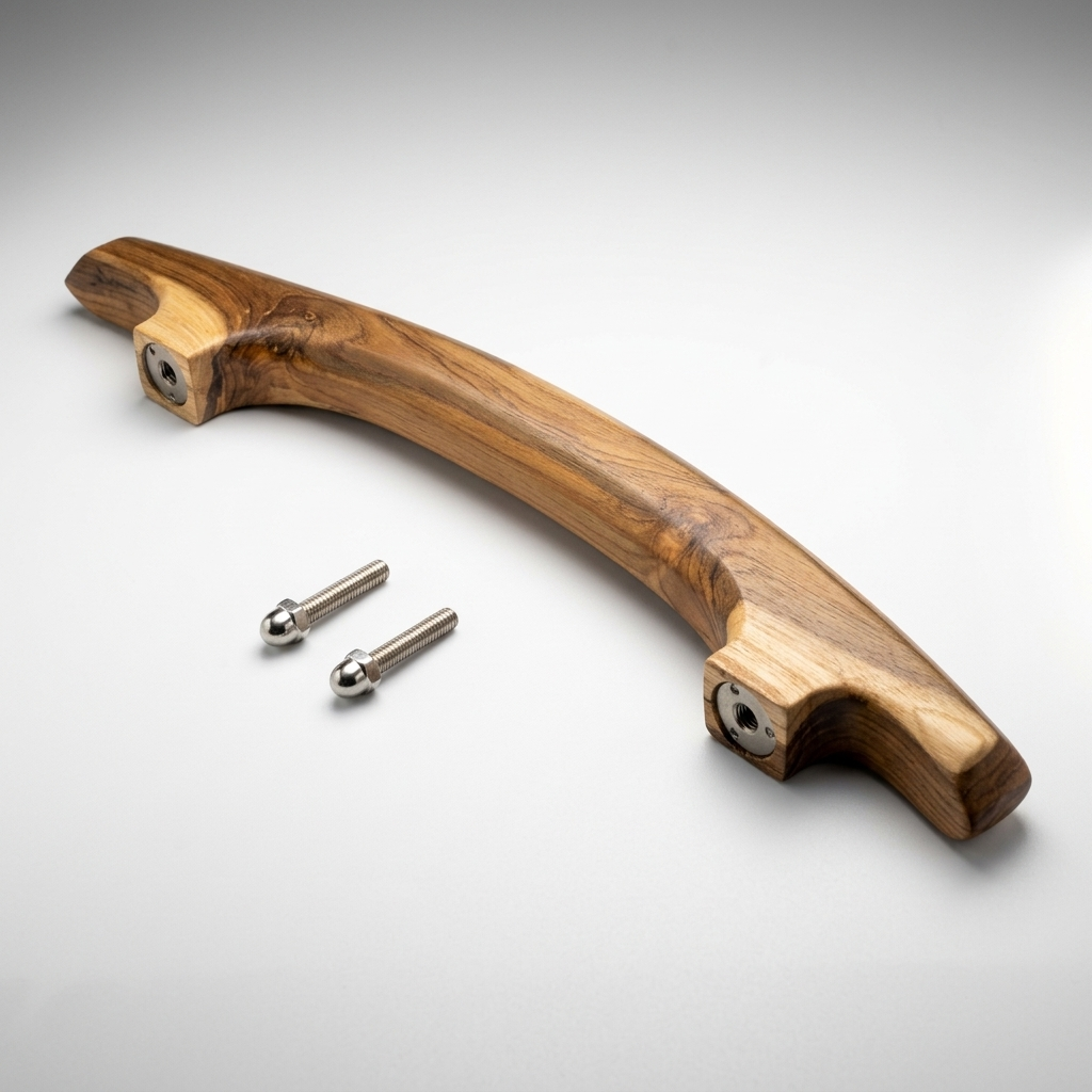 Teak Patio Door Pull Handle in natural wood finish with stainless steel fittings