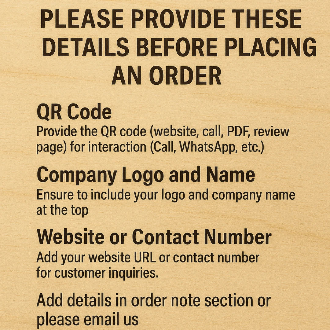 Wood Ceylon instruction sign explaining details needed for personalized qr code sign orders
