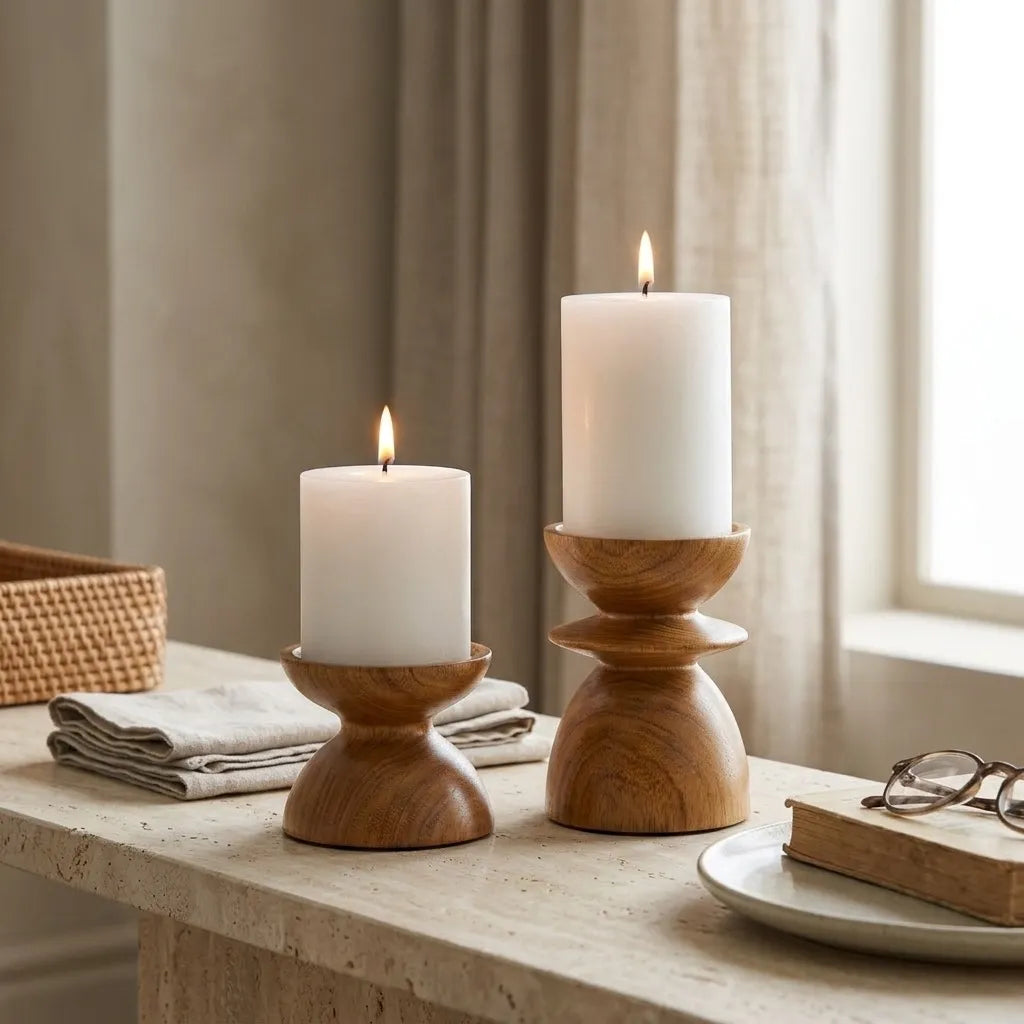 Teak wood pillar candle holder in natural finish for elegant home decor