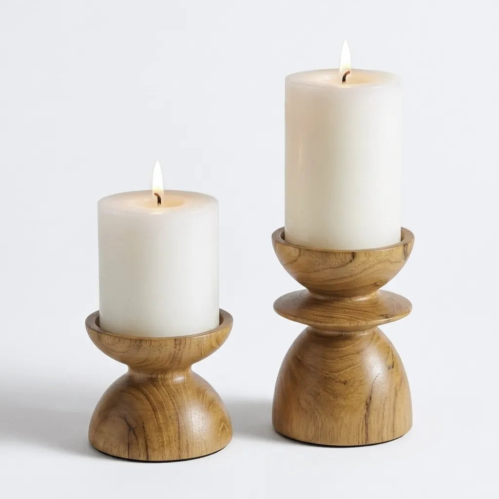 Wood Ceylon Pillar Candle Holder in natural teak finish showcasing warm tones