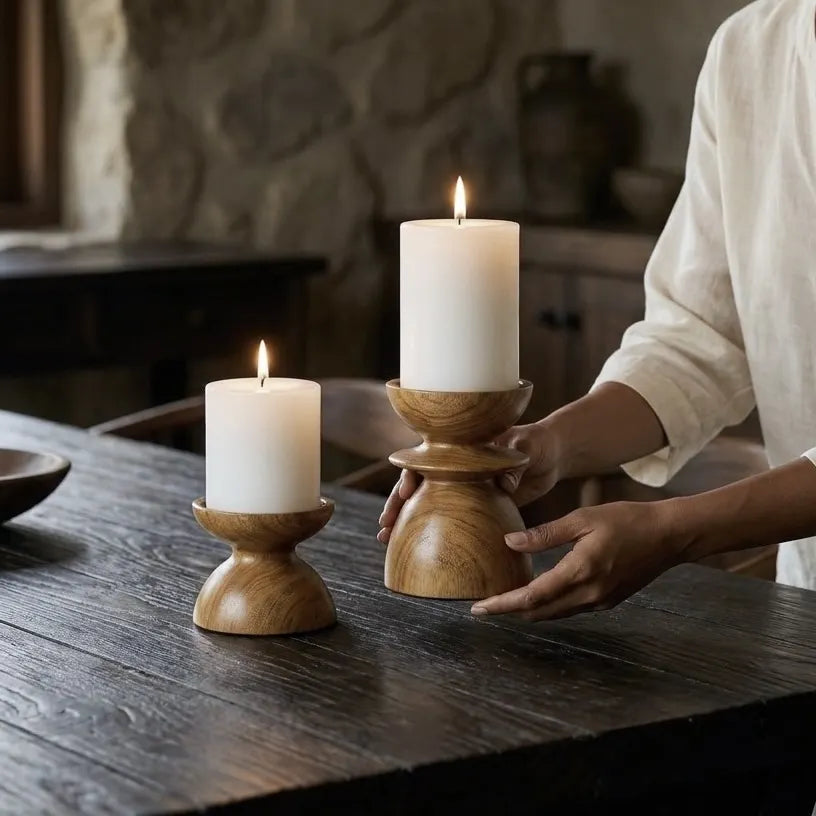 Teak pillar candle holder in natural finish for decorative use
