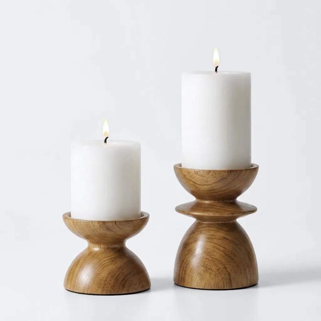 Teak Pillar Candle Holder set in natural wood finish for elegant decor