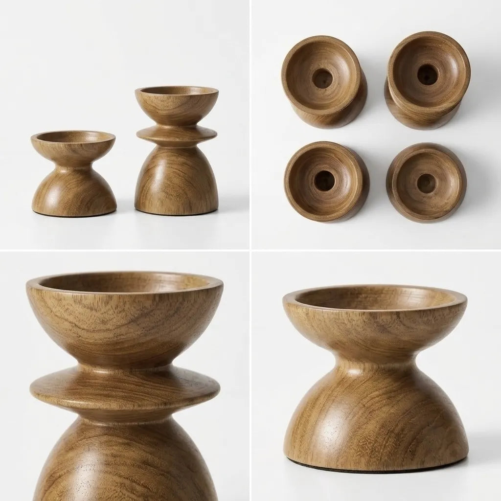 Teak wood pillar candle holder set in natural finish, perfect for elegant decor