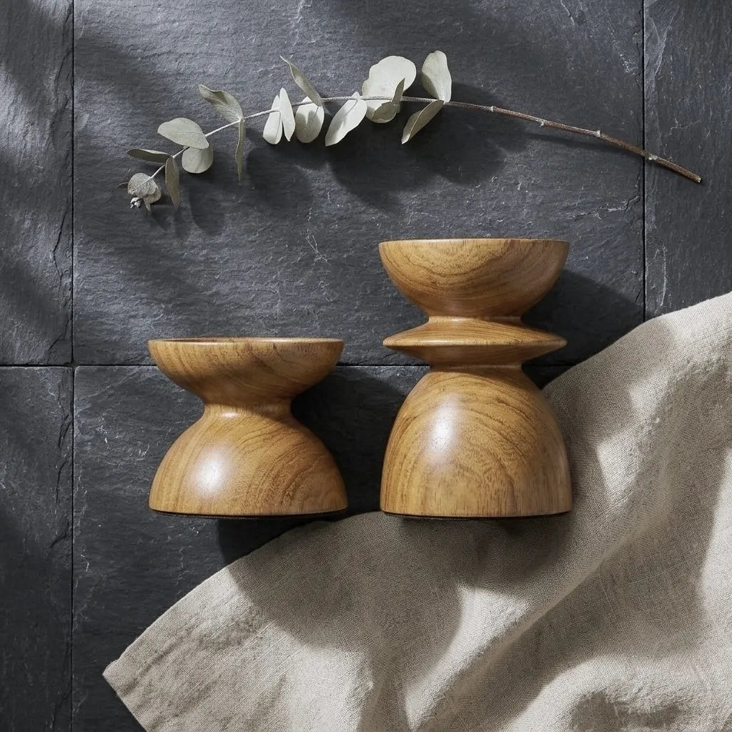 Teak wood pillar candle holder in natural finish for elegant home decor-