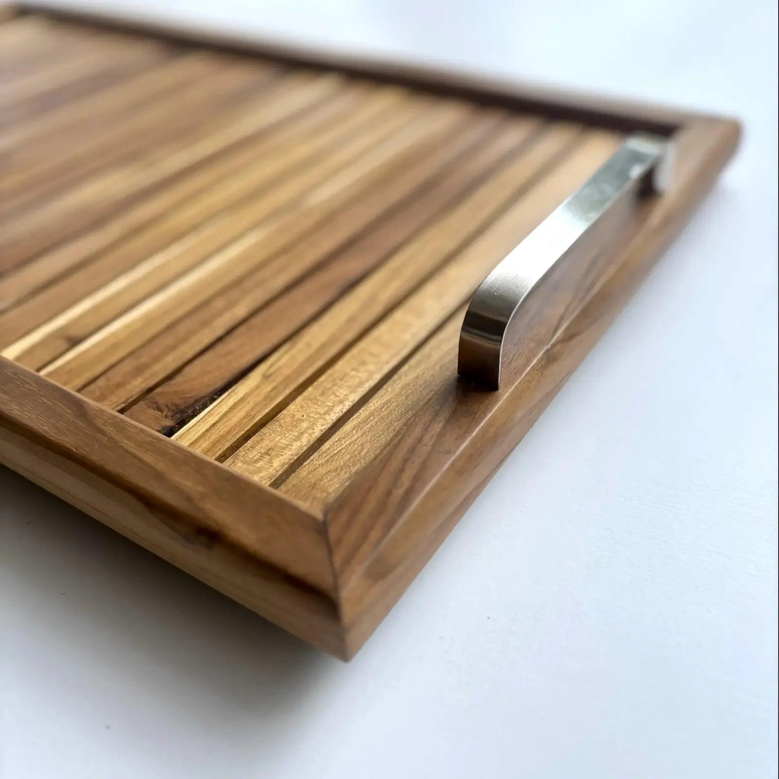 Wood Ceylon wooden serving tray with handles featuring metal handles and natural wood grain finish