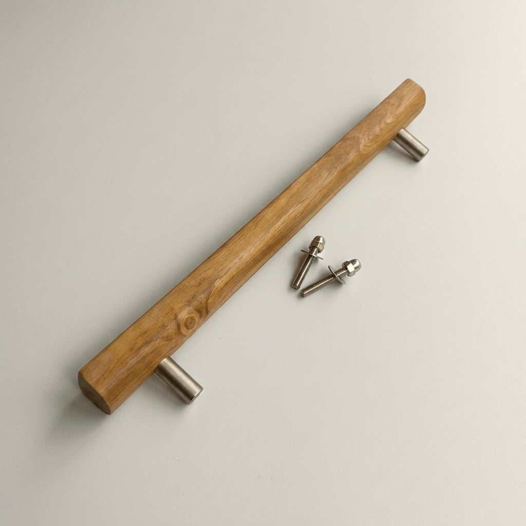 Teak Shower Door Pull Handle in natural finish with stainless steel ends