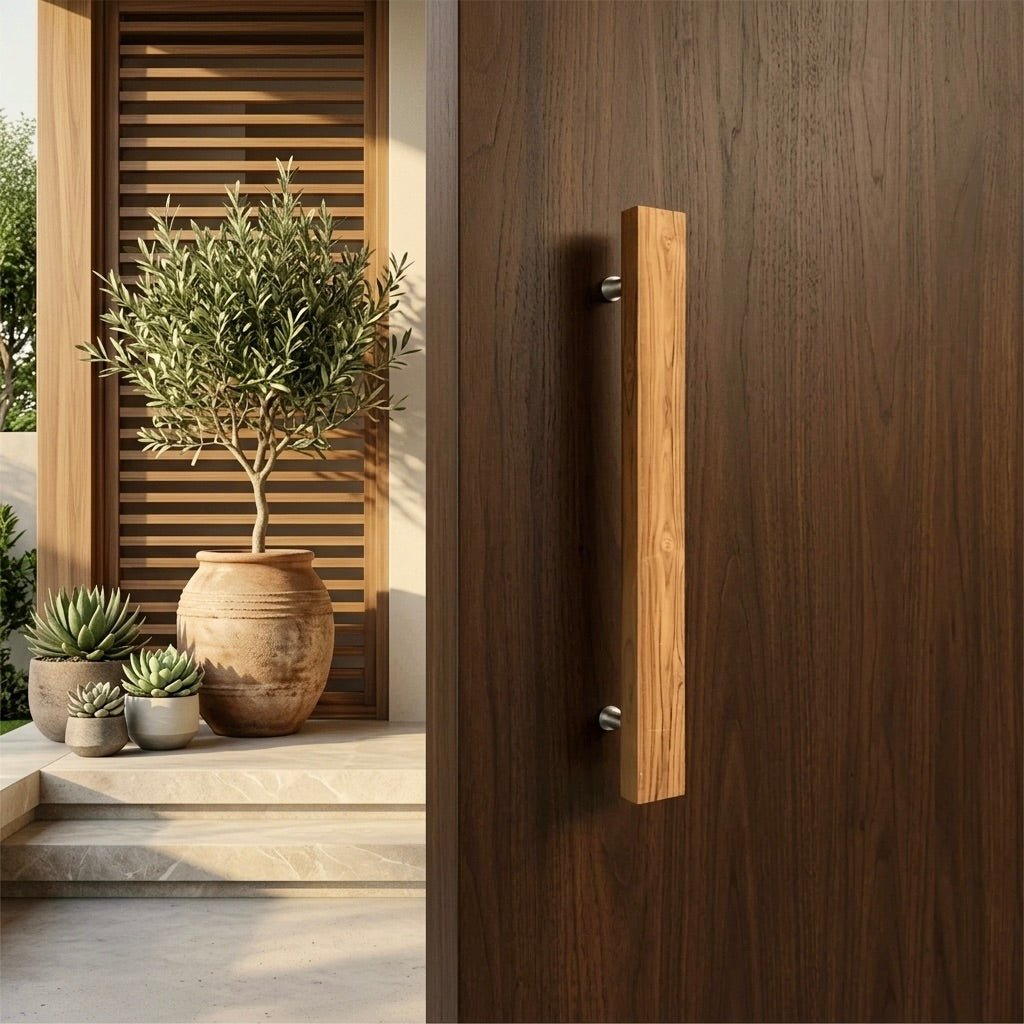 Teak Shower Door Pull Handle in natural finish for modern bathrooms