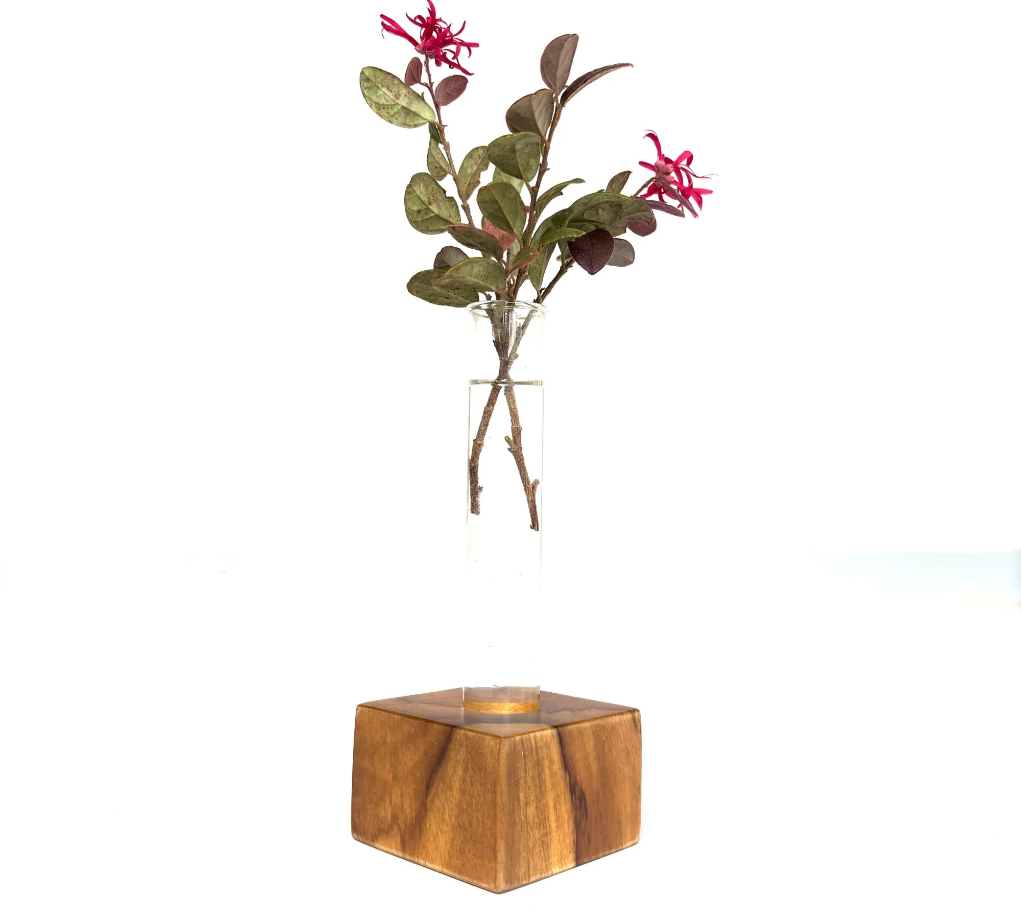 Wood Ceylon simple test tube vase with wooden base and flowers for elegant home decor