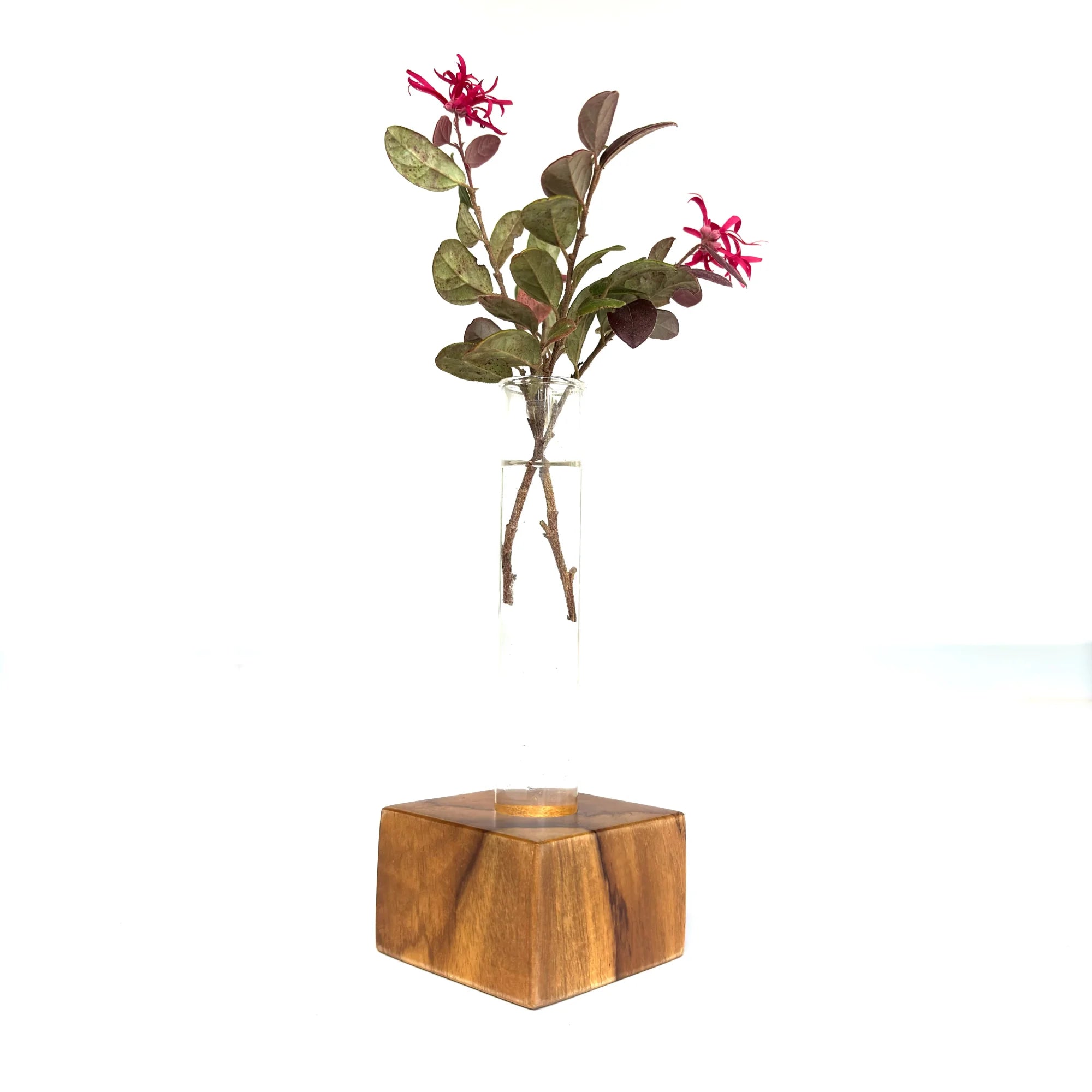 Wood Ceylon simple test tube vase with wooden base and flowers for elegant home decor