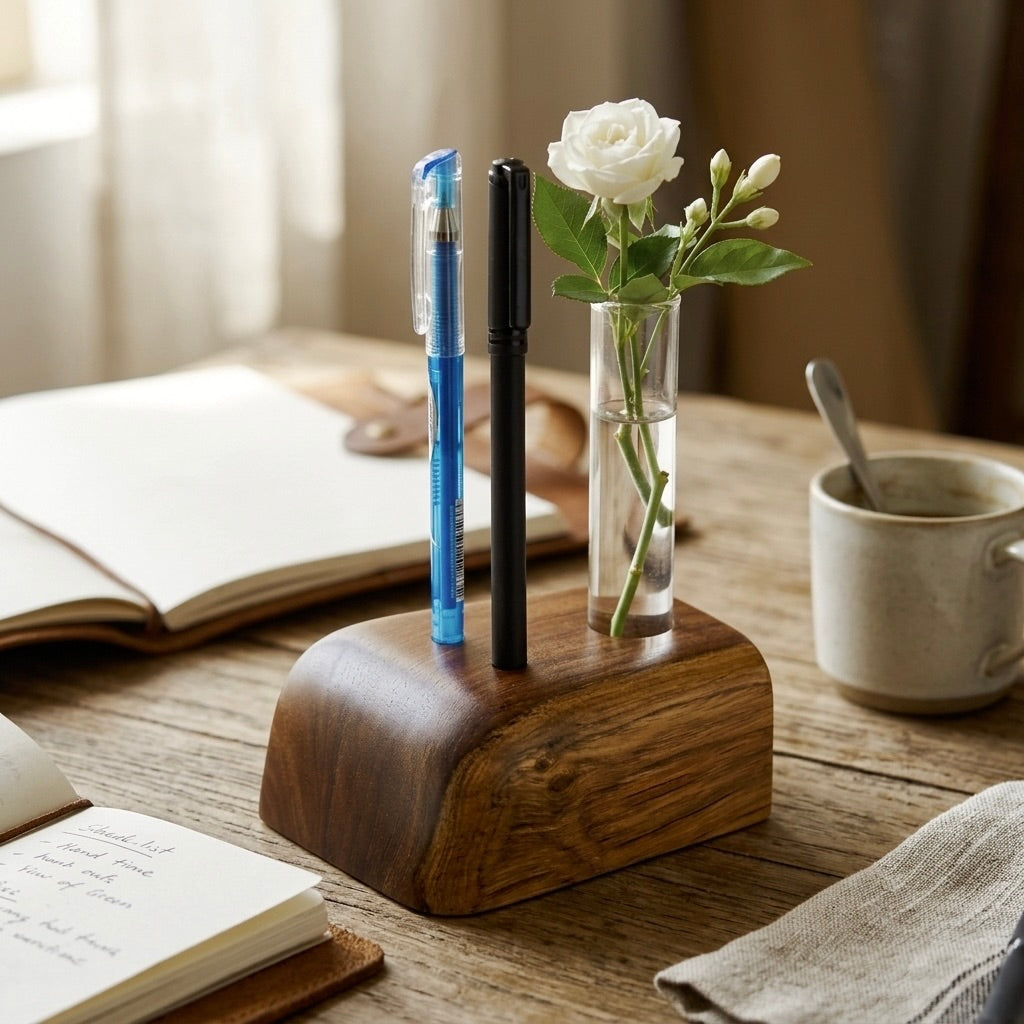 Teak Pen Holder & Vase in brown with clear test tube for flowers