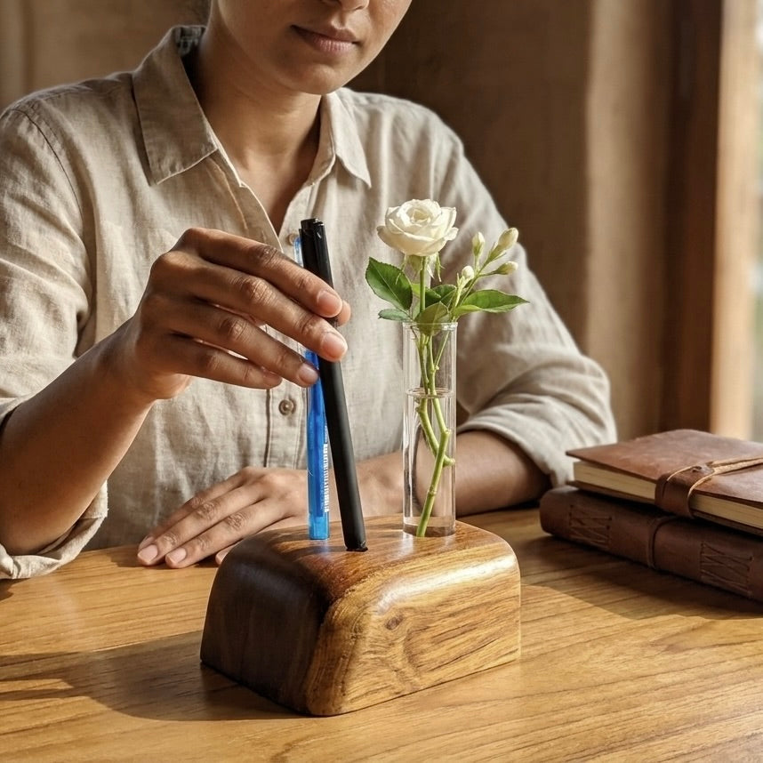 Teak Pen Holder & Vase with a single flower on a wooden table