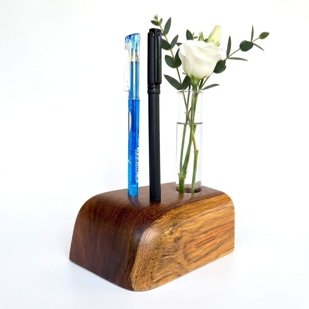Teak Pen Holder & Vase in brown with test tube for flowers and pens