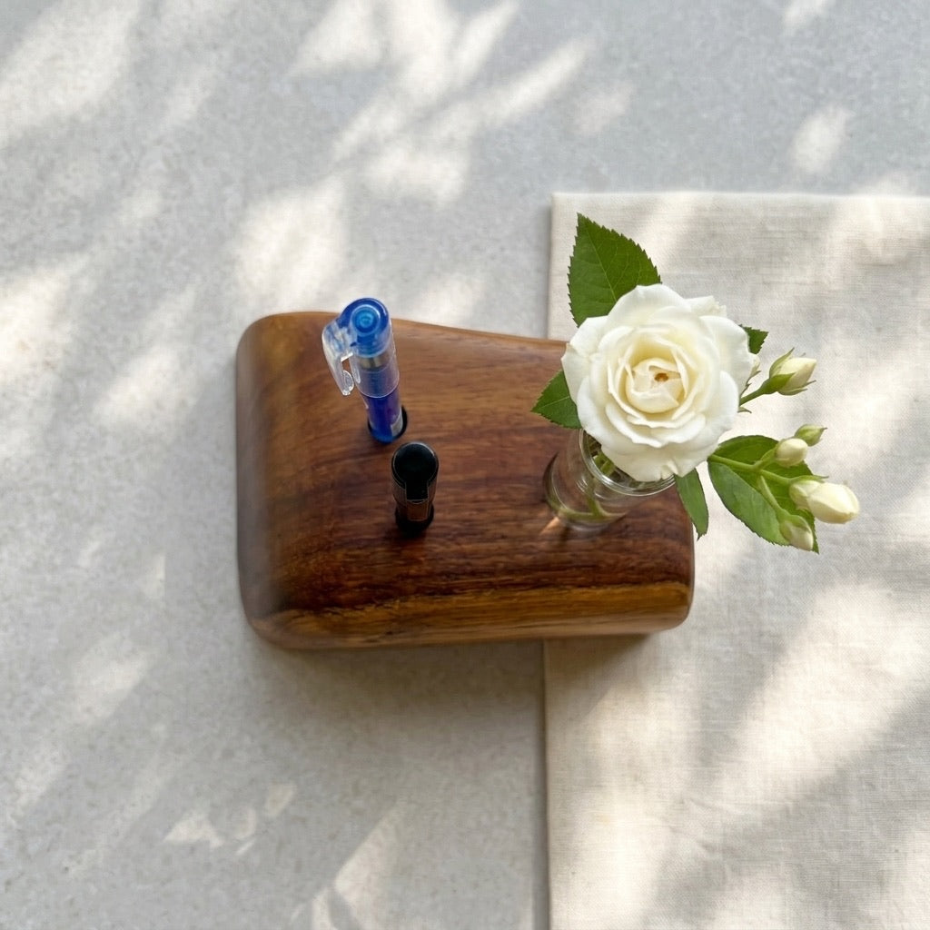 Teak Pen Holder & Vase with polished finish and decorative rose