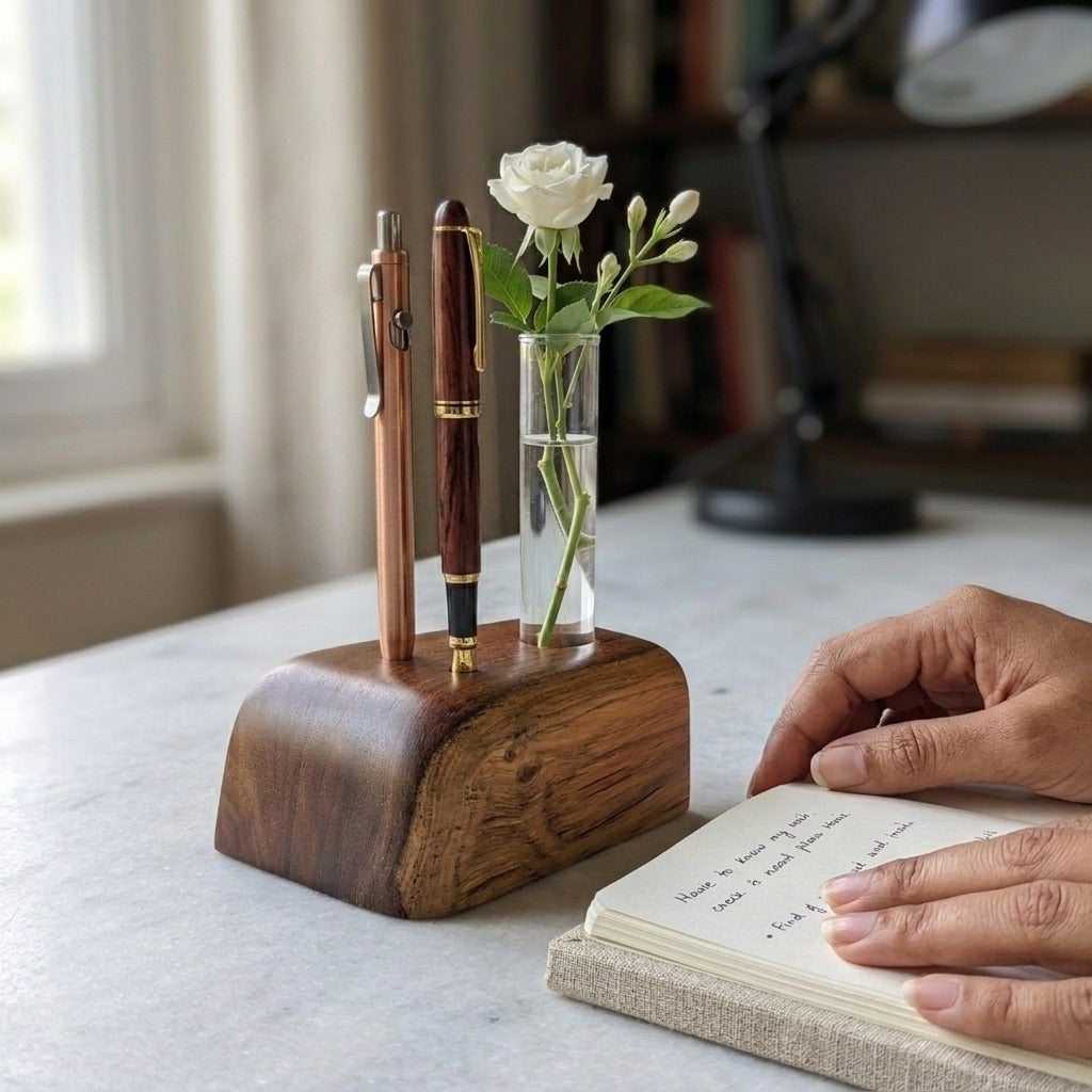 Teak Pen Holder & Vase with clear glass tube for flowers