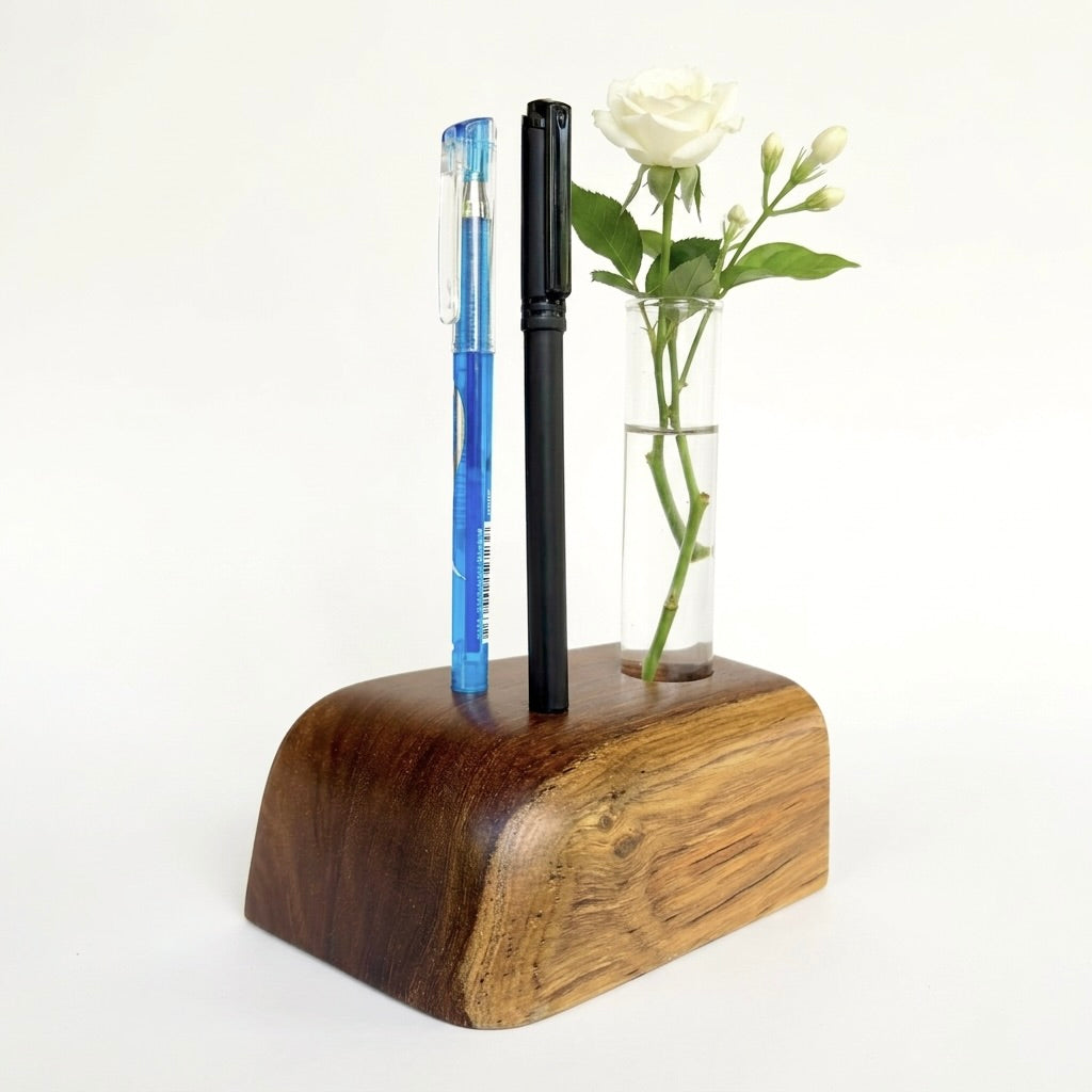 Teak Pen Holder & Vase with clear test tube for flowers