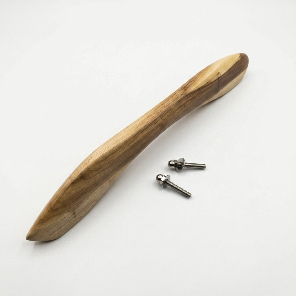 Slim Teak Wood door handle in natural finish with metal screws