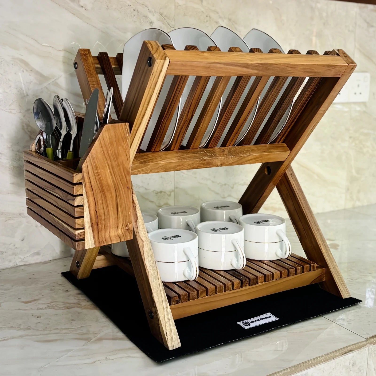 Wood Ceylon small dish drying rack in wood with slots for plates, cups, and cutlery holder on kitchen counter