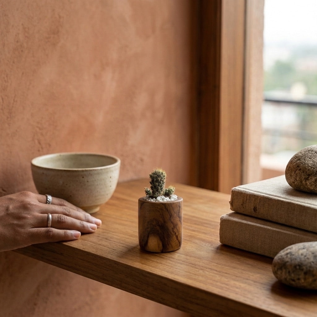 Small Succulent Pot made of teak with a natural finish for modern decor
