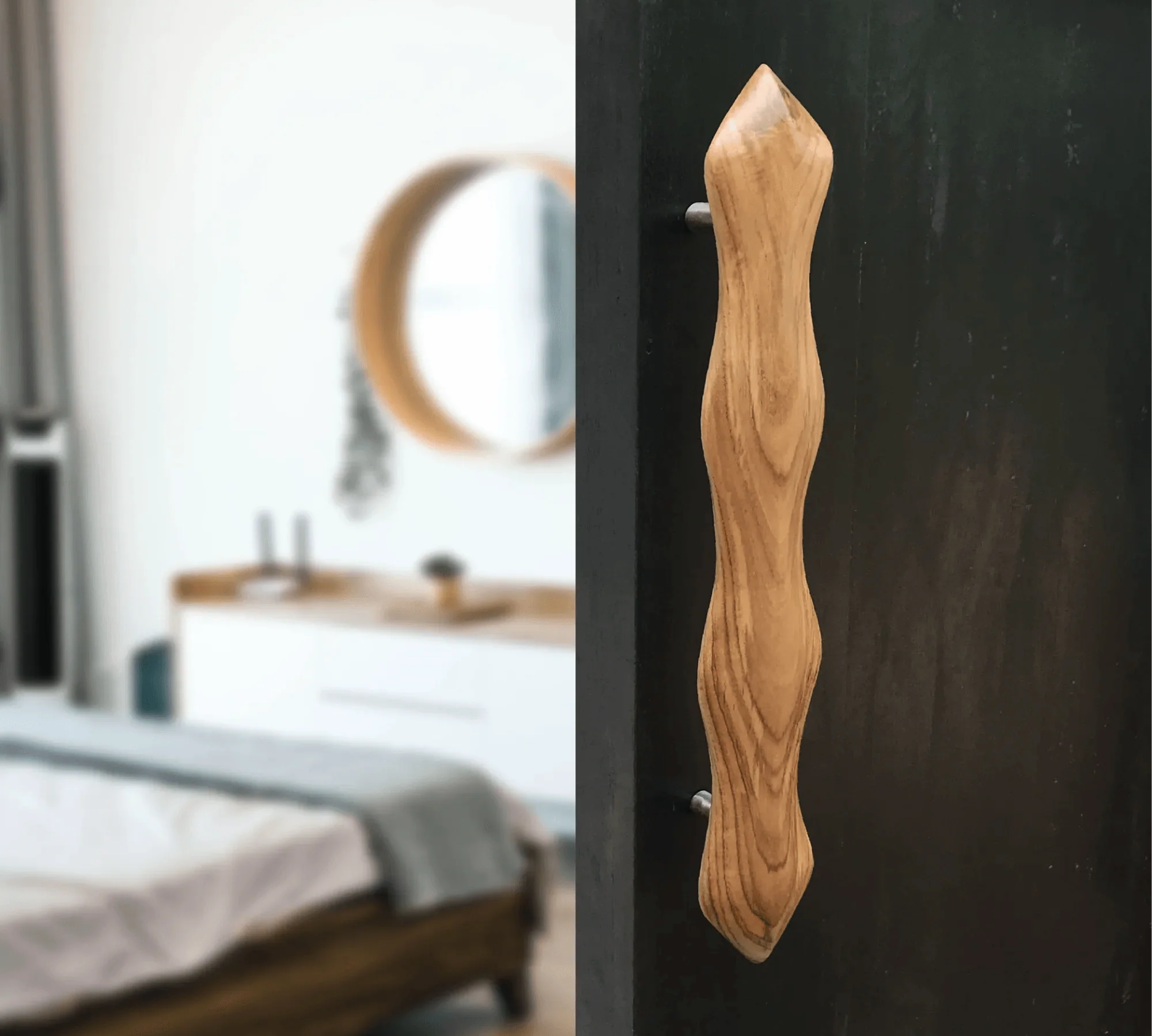 Snake shape door handle crafted from wood, adding a unique design to any modern interior
