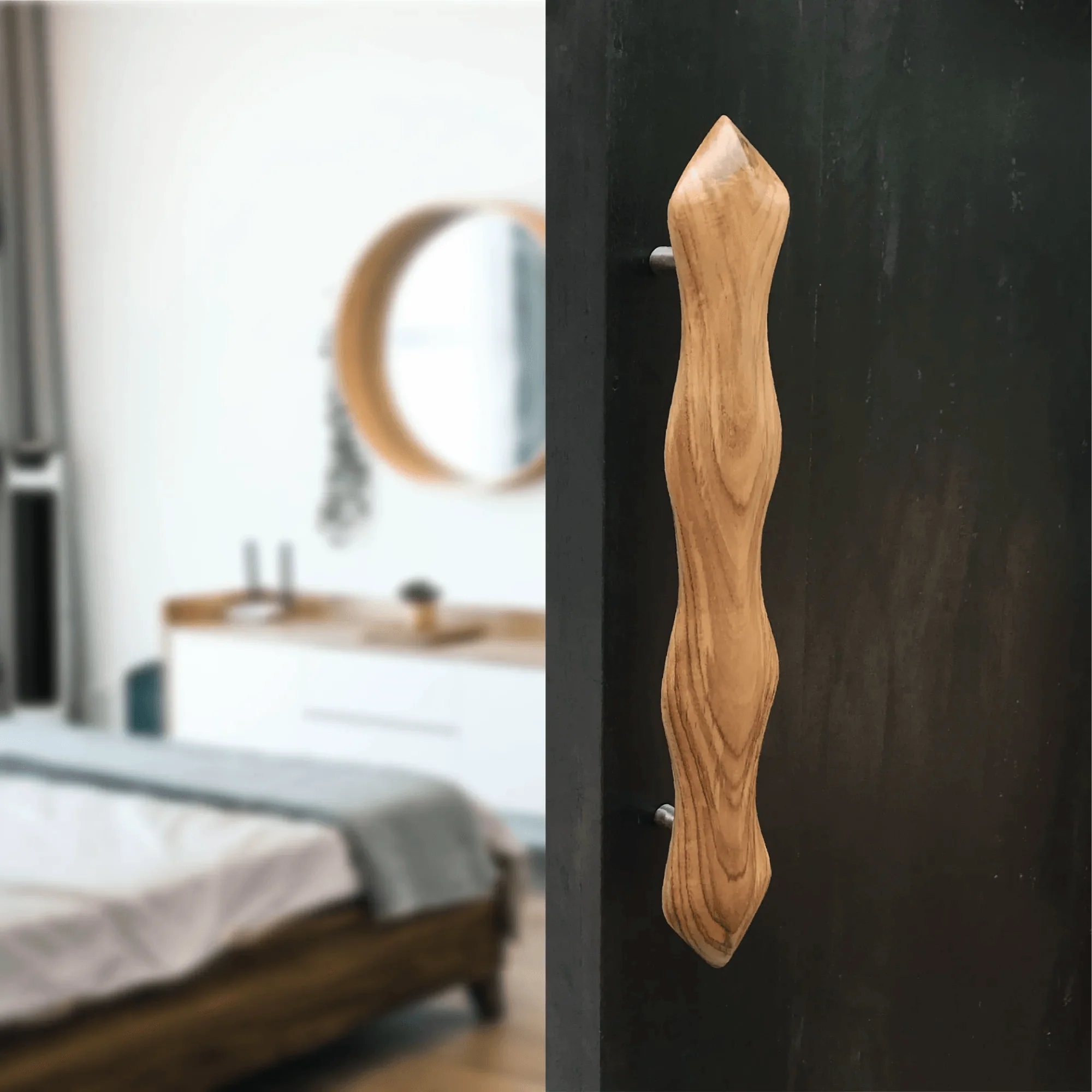 Snake shape door handle crafted from wood, adding a unique design to any modern interior