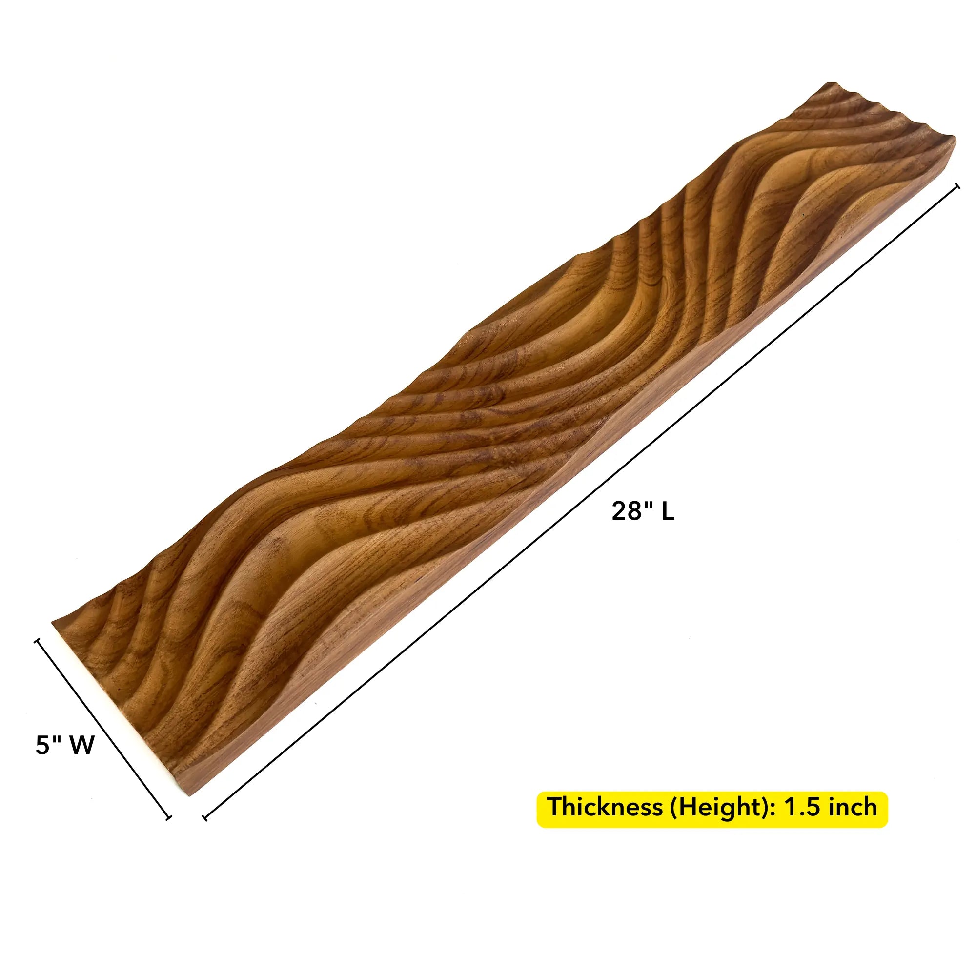 Solid teak wood panel with a wave texture, measuring 28 inches long and 5 inches wide