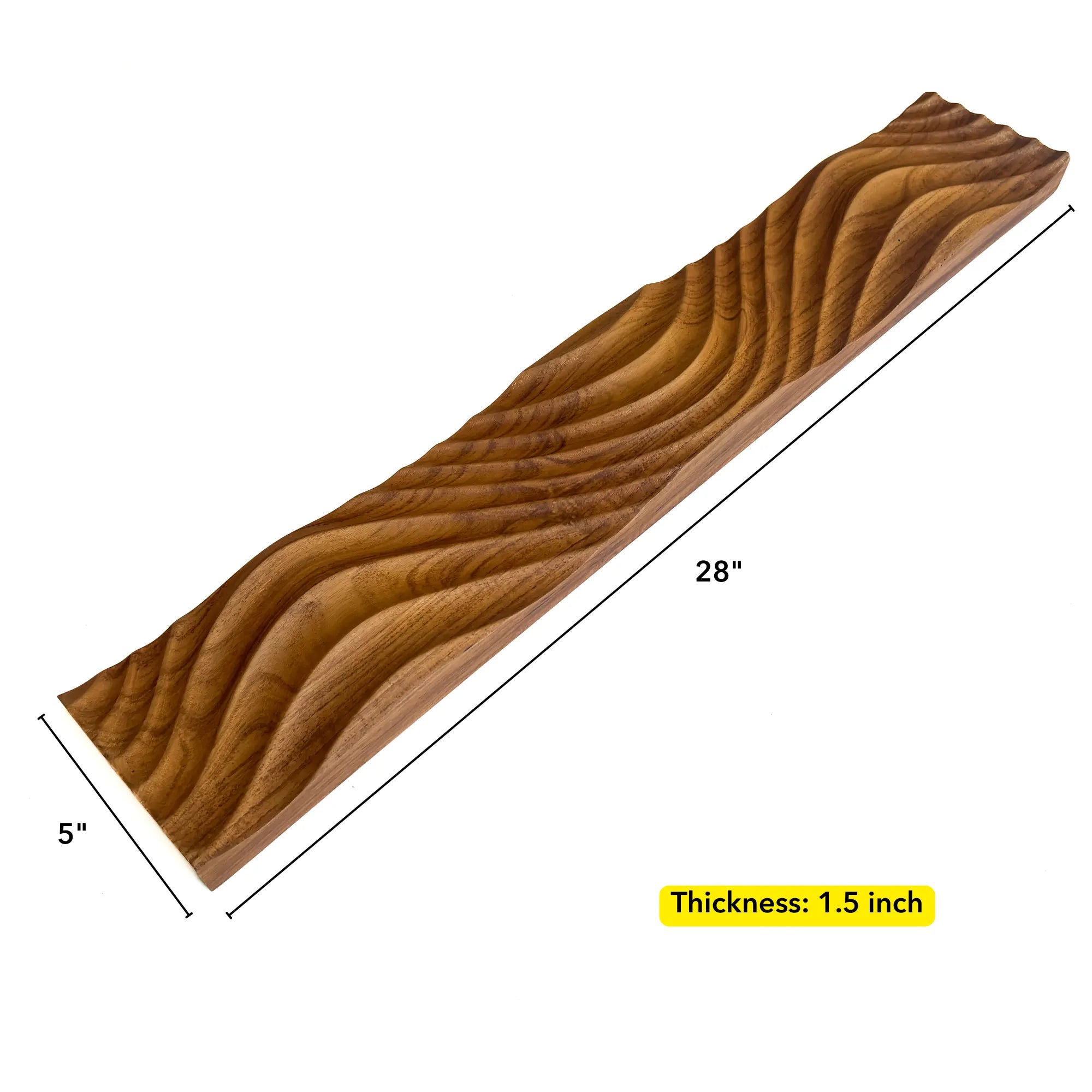 Solid teak wood panel with a wavy design, measuring 28 inches by 5 inches and 1.5 inches thick