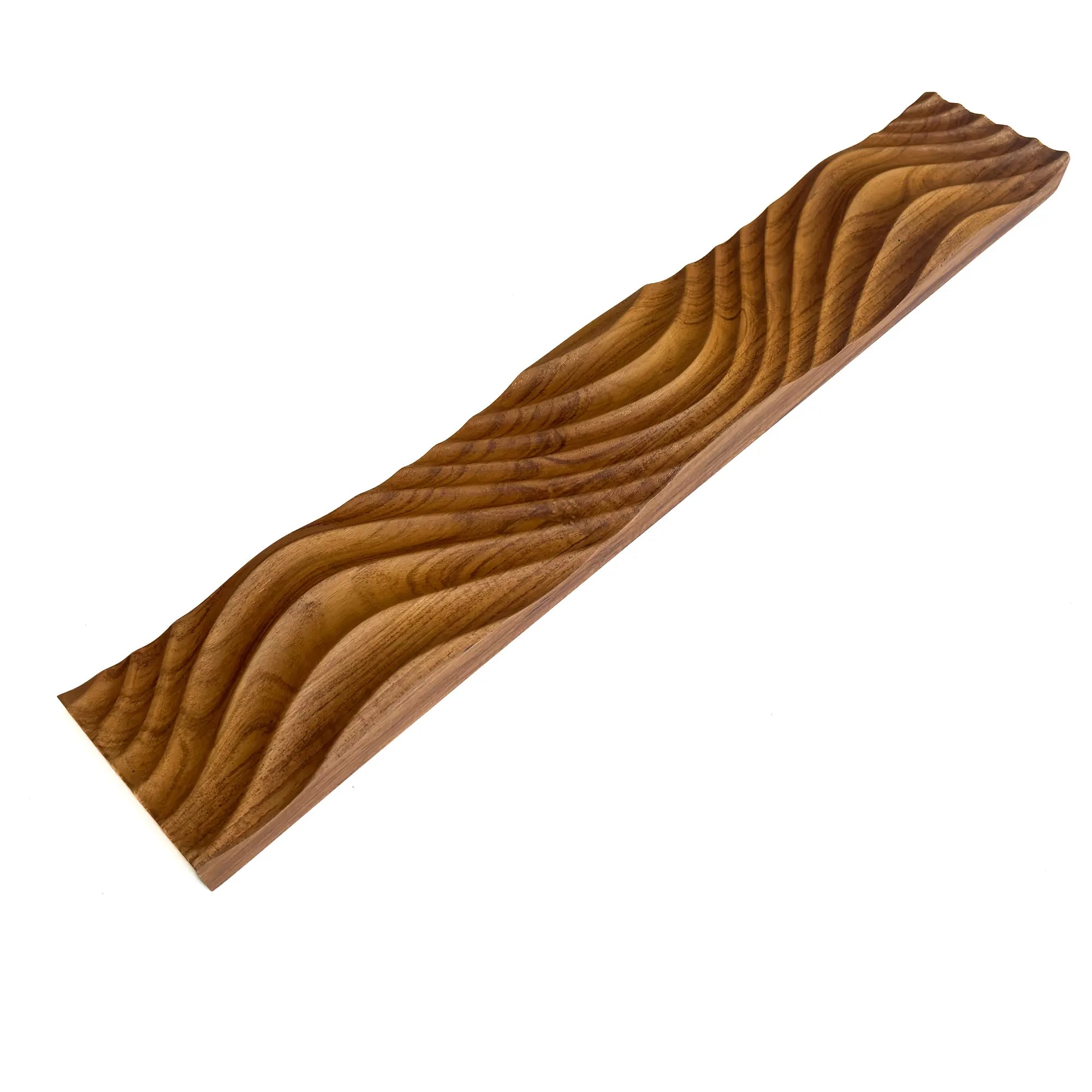 Textured solid teak wood panel with elegant wavy design, ideal for interior decor projects