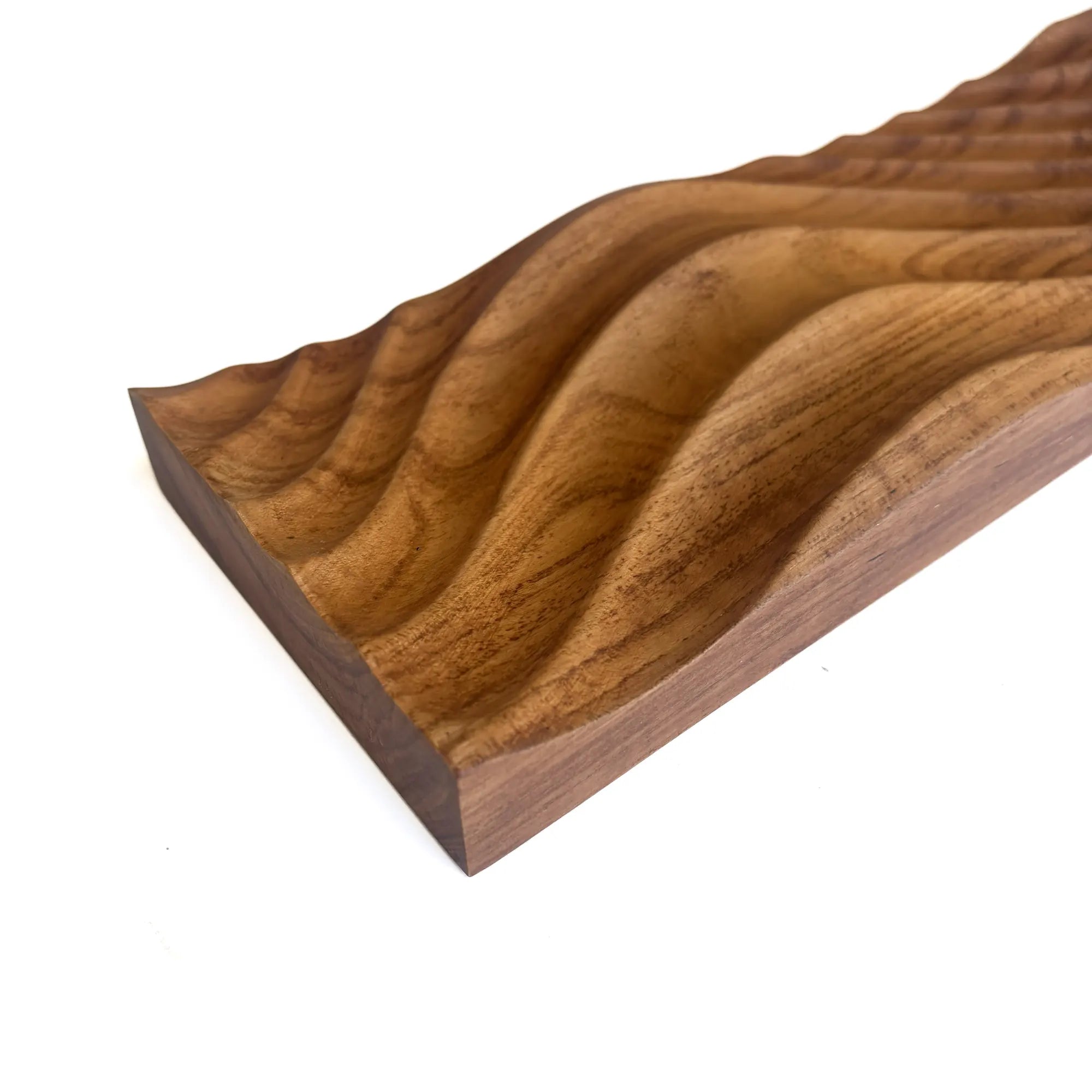 Carved solid teak wood panel with wavy design, ideal for home decor and furniture projects