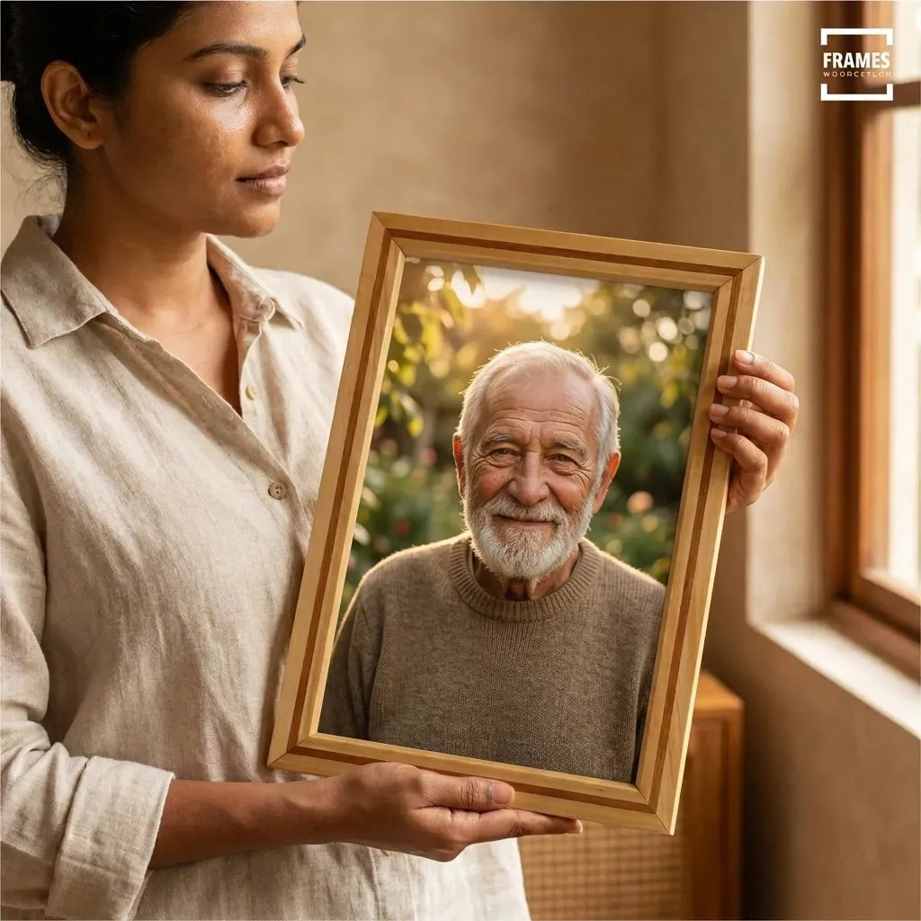 Woman holding a striped teak and satin wood picture frame displaying a portrait of an older man.