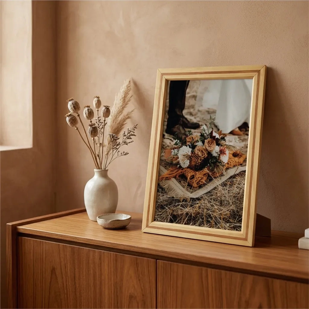 Striped teak and satin wood picture frame displaying a wedding photograph on a wooden sideboard beside a ceramic vase.