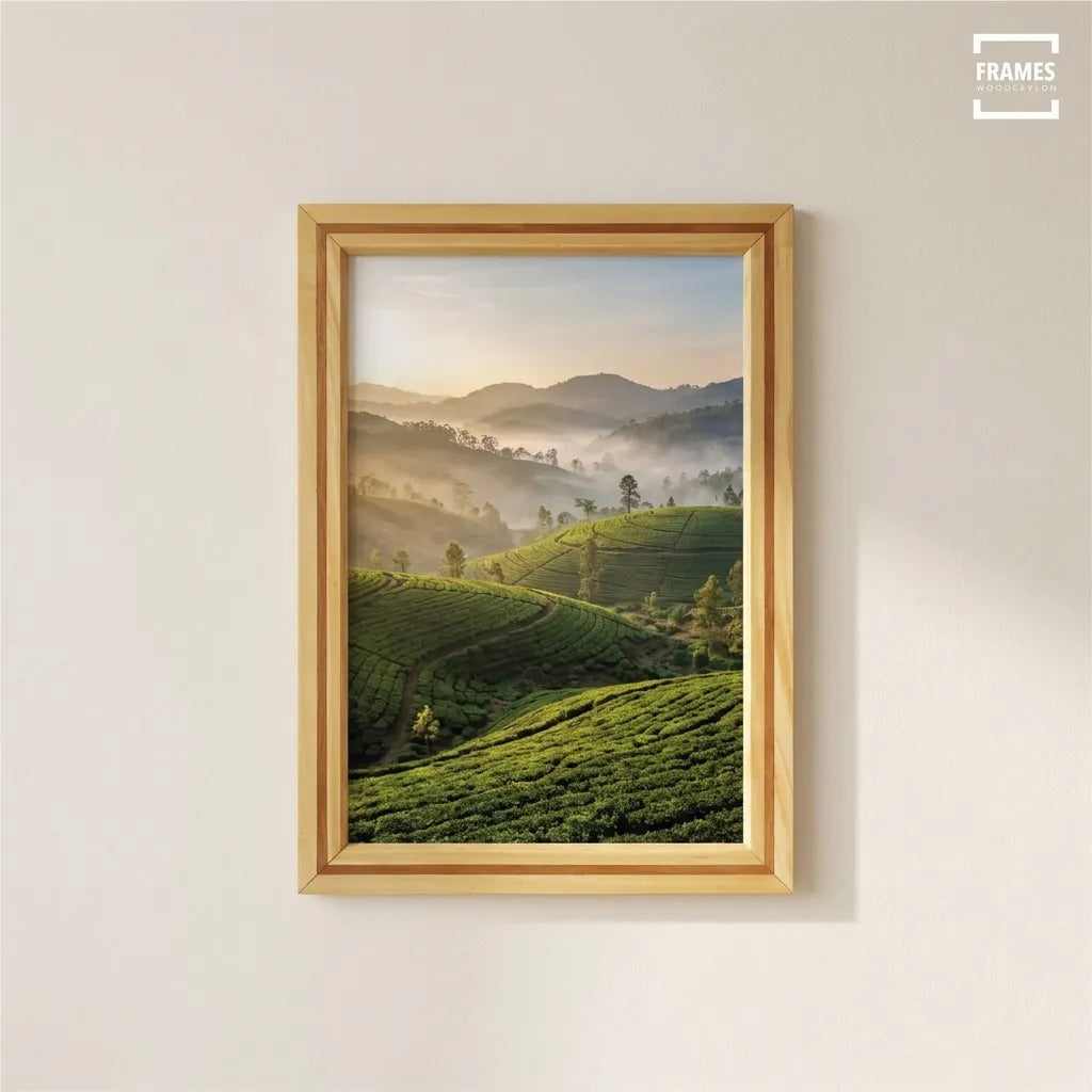 Two-tone teak and satin wood picture frame hanging on a cream wall with a photograph of misty tea plantations.