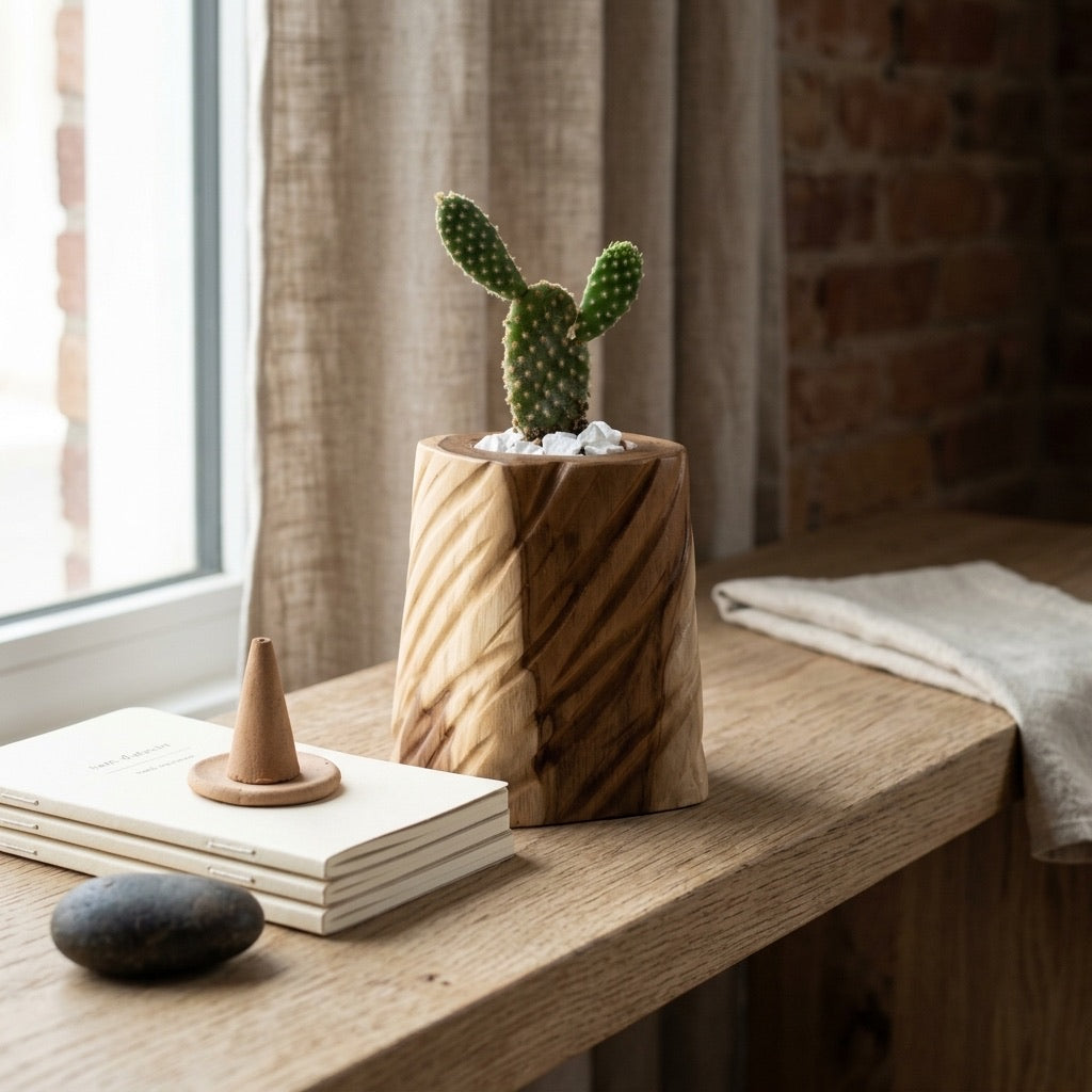 Teak succulent planter with natural wood finish for cacti display