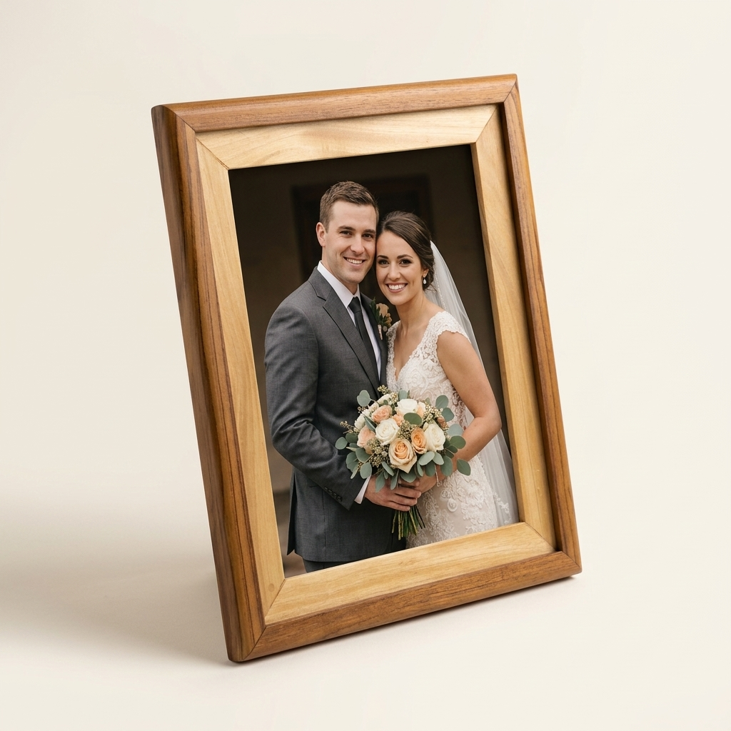 Teak & Satin Wood Picture Frame with natural finish for displaying cherished photos
