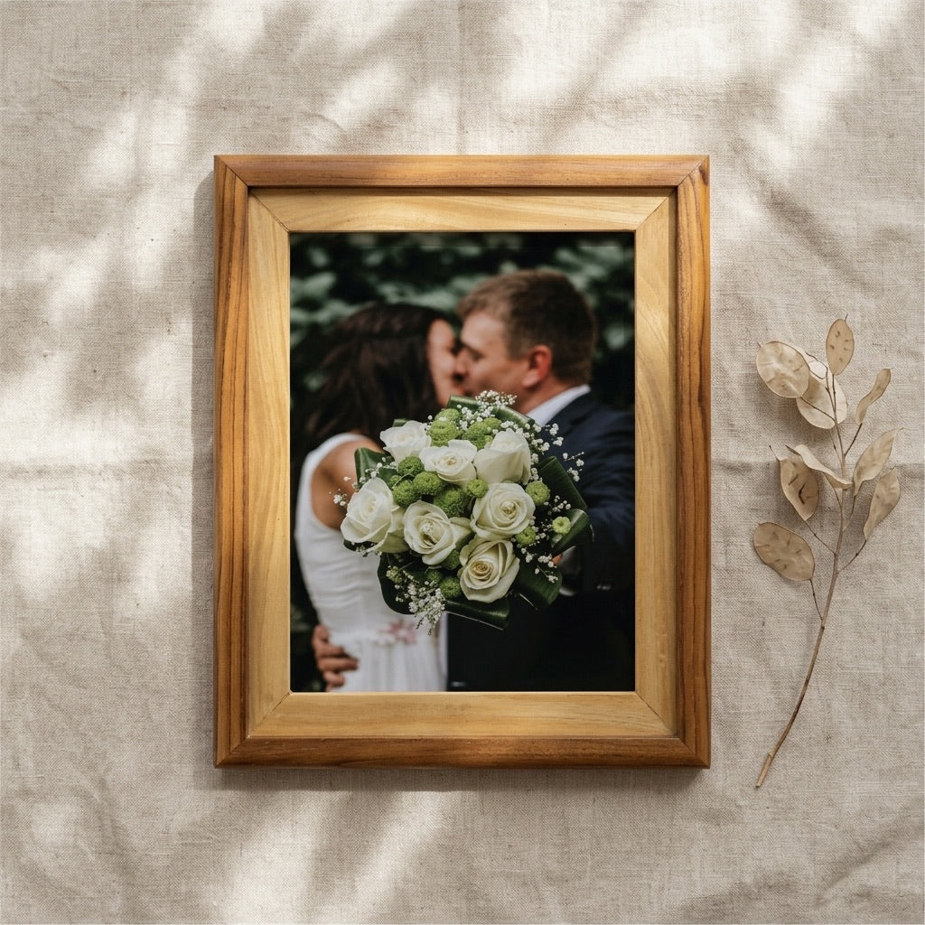 Teak & Satin Wood Picture Frame showcasing a wedding couple