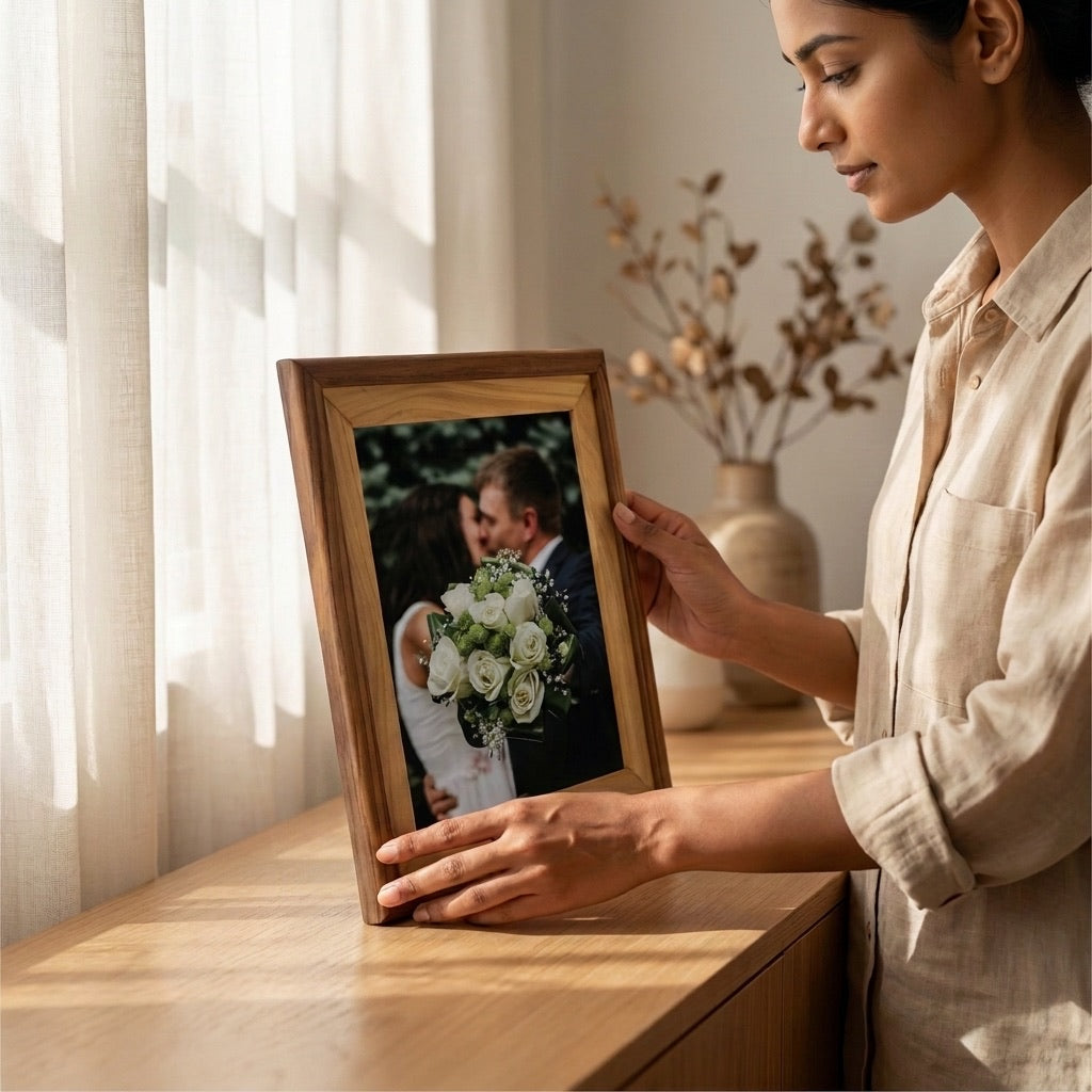 Teak & Satin Wood Picture Frame showcasing a couple holding a bouquet