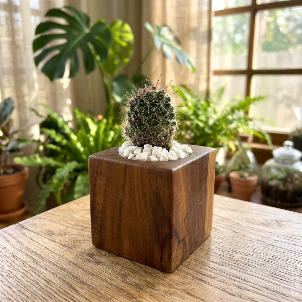 Teak Cube Planter with cactus and decorative stones for indoor decor
