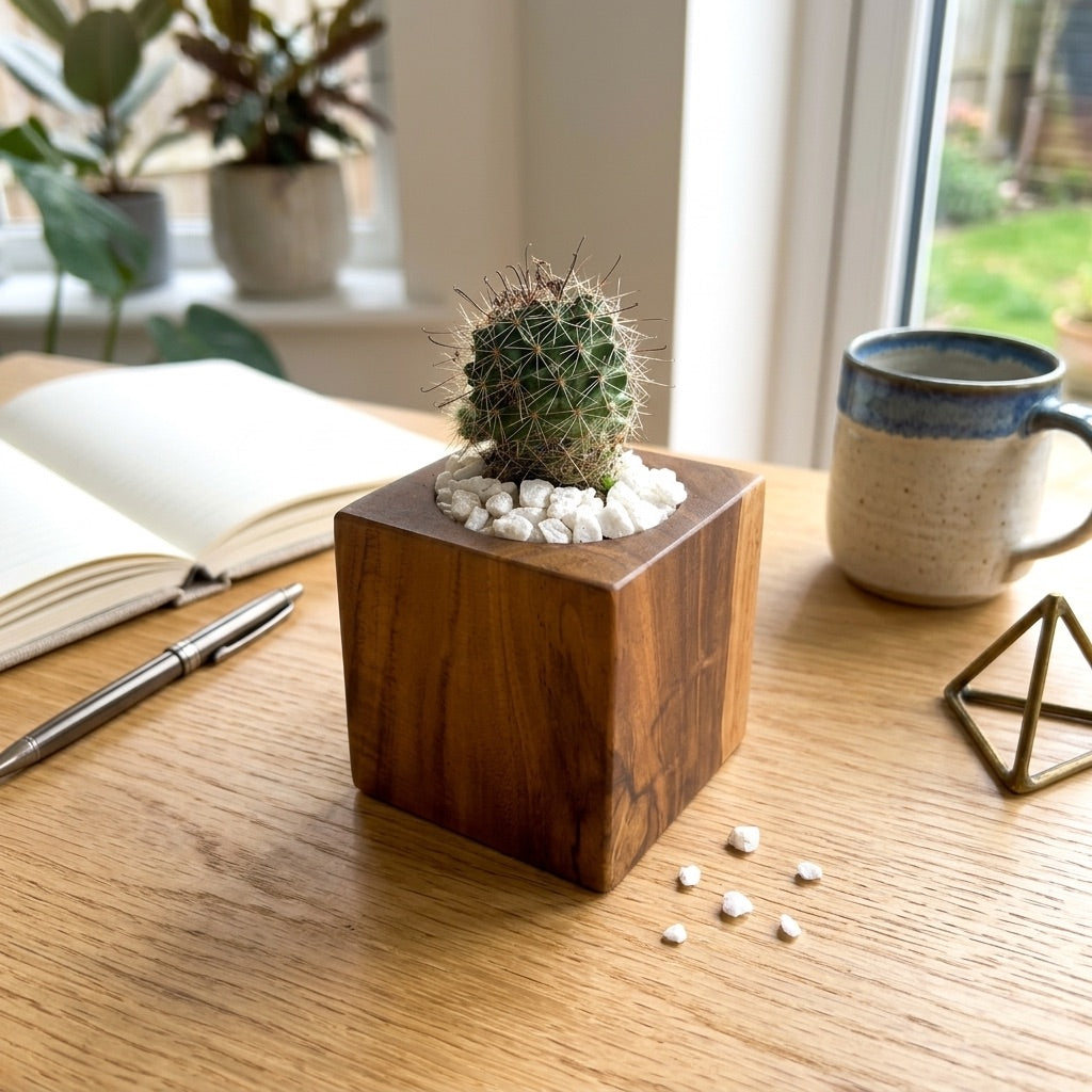 Teak Cube Planter with Cactus and White Stones for Indoor Decor
