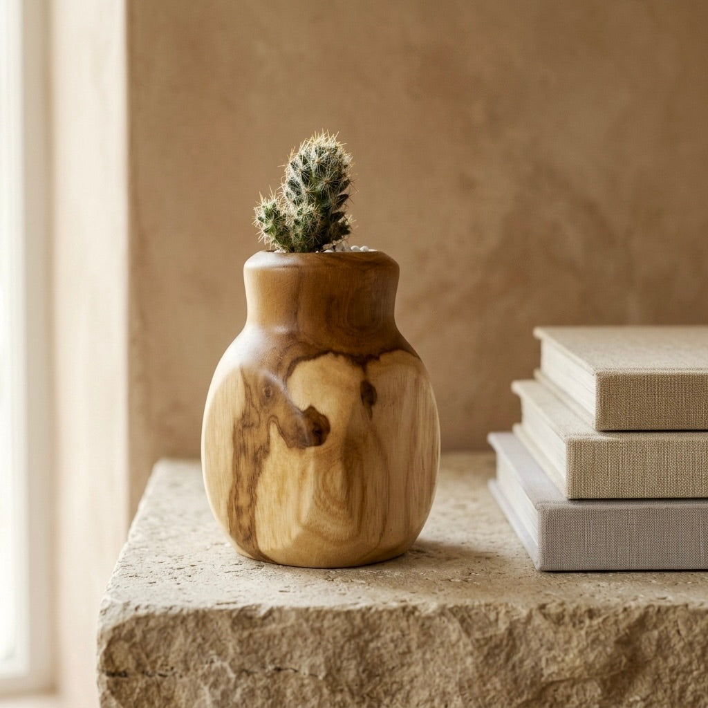 Teak Curved Cactus Pot with natural finish showcasing a small cactus